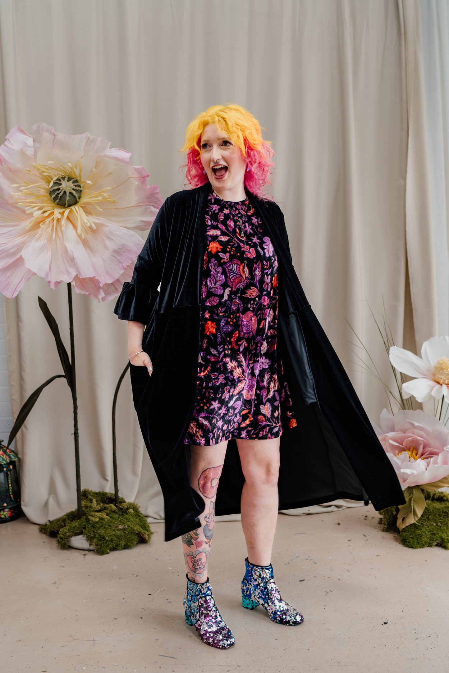 Velvet Ruffle Swing Dress in Purple Floral