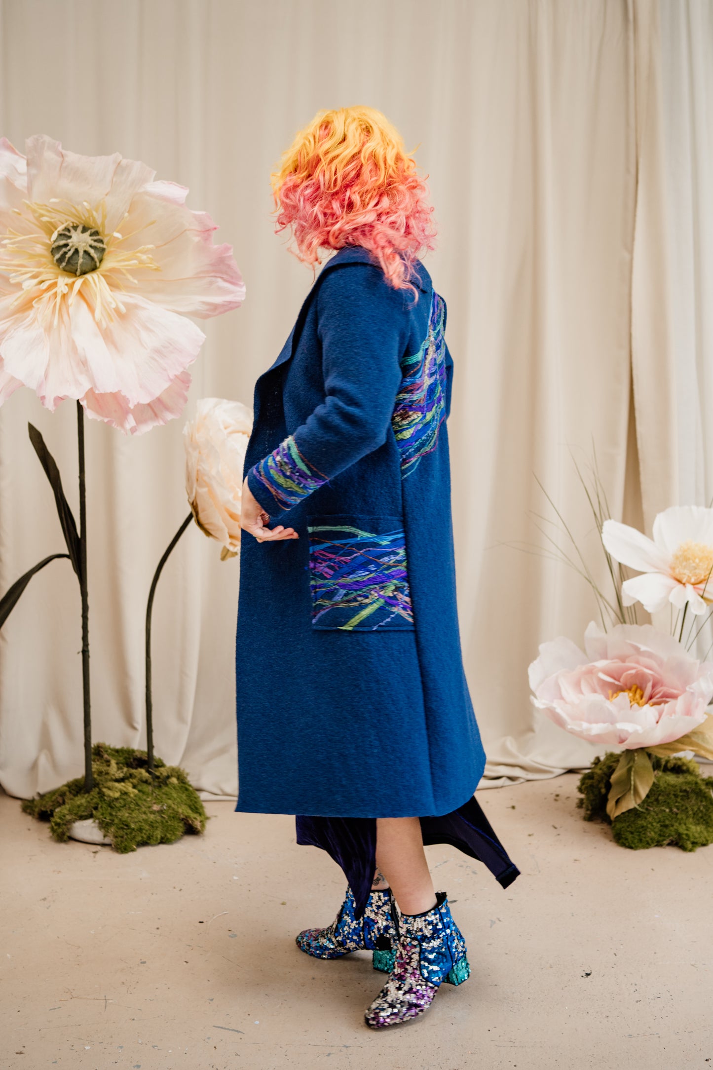 Embellished Long Wool Coat in Dark Blue