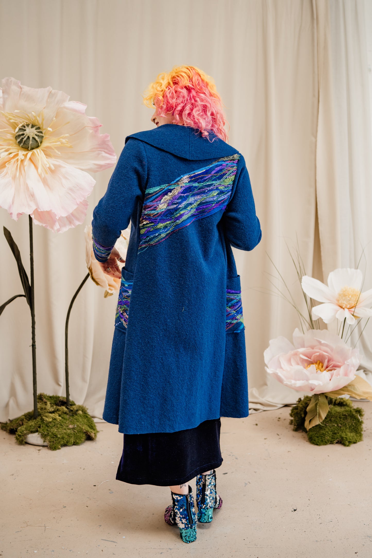 Embellished Long Wool Coat in Dark Blue