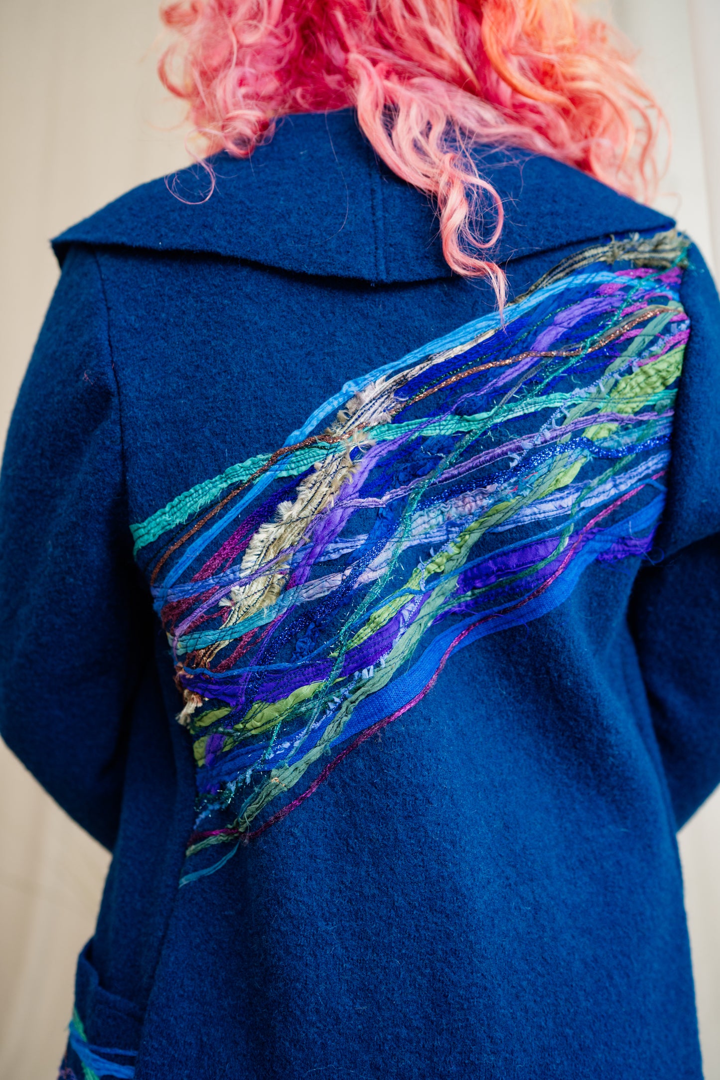 Embellished Long Wool Coat in Dark Blue