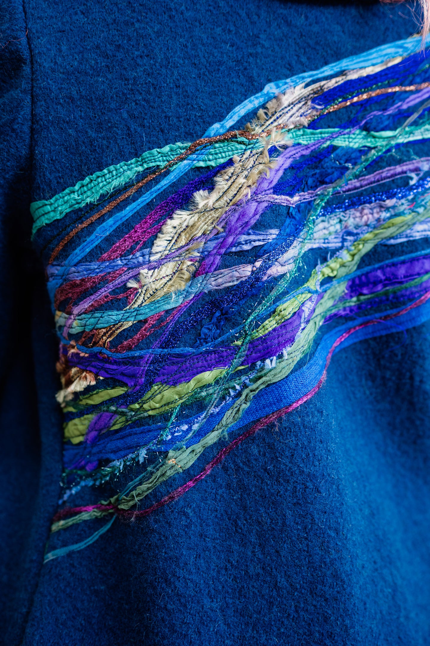 Embellished Long Wool Coat in Dark Blue
