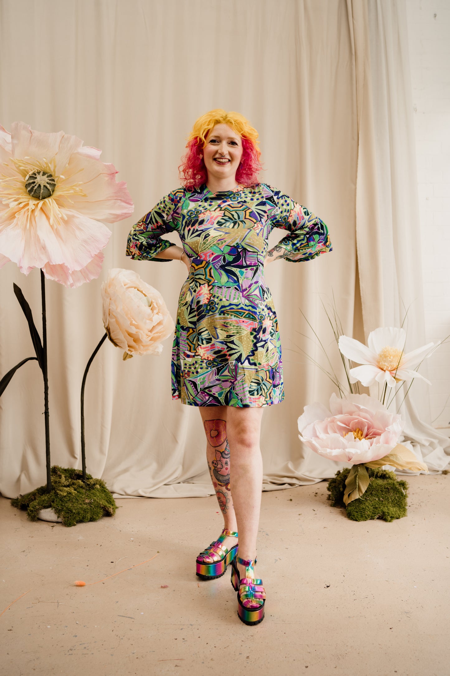Swing Dress in Green Abstract Garden