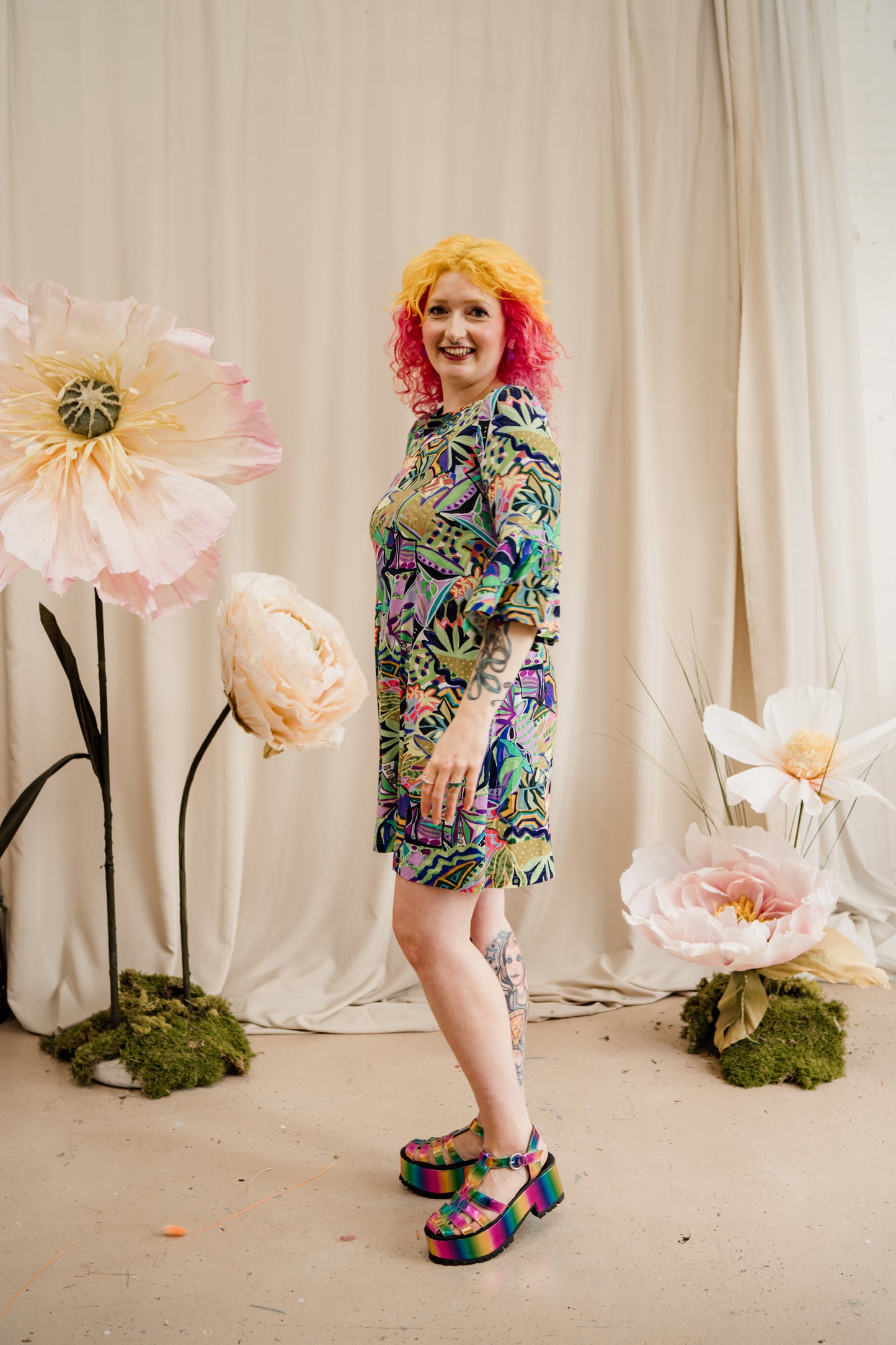 Swing Dress in Green Abstract Garden