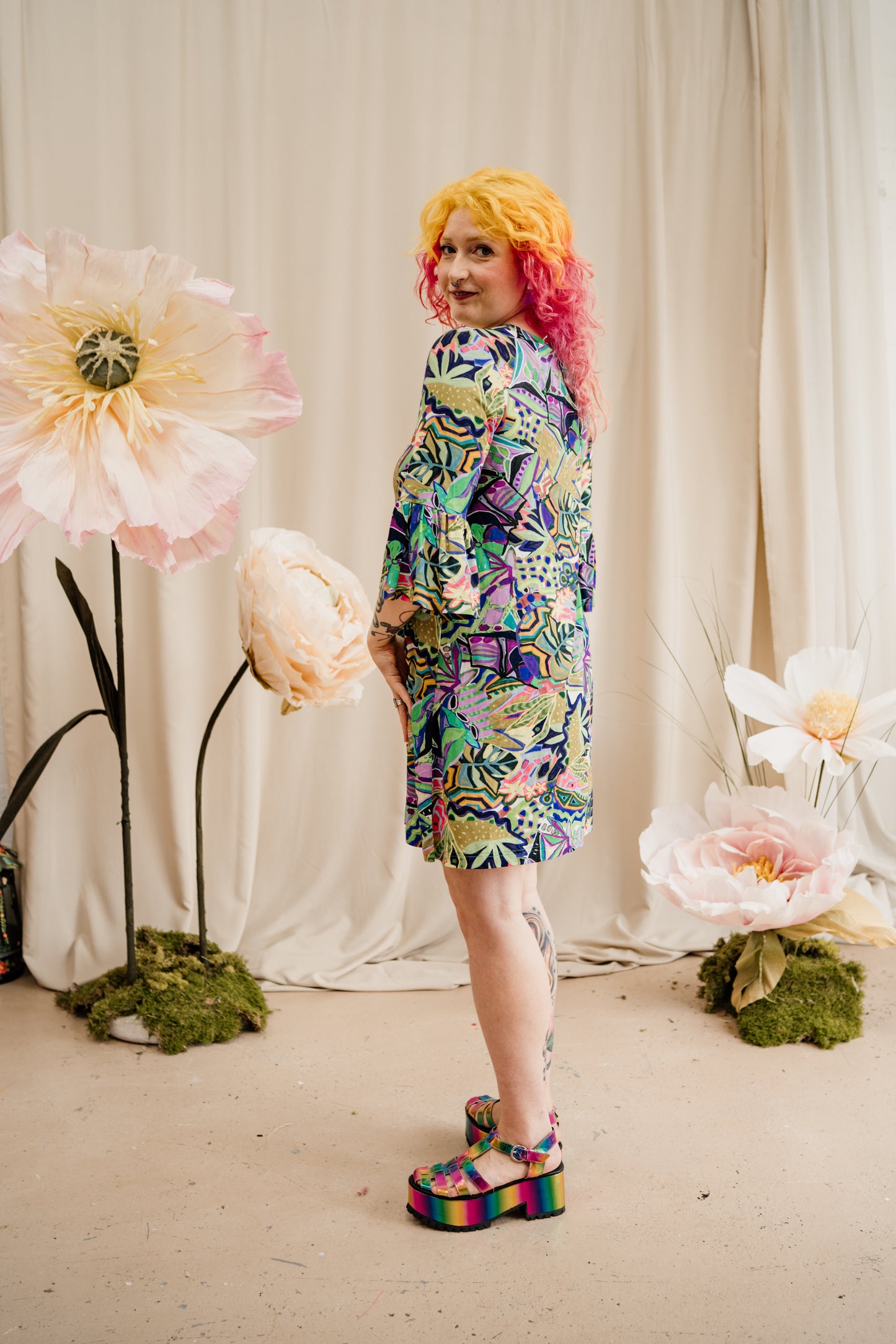 Swing Dress in Green Abstract Garden