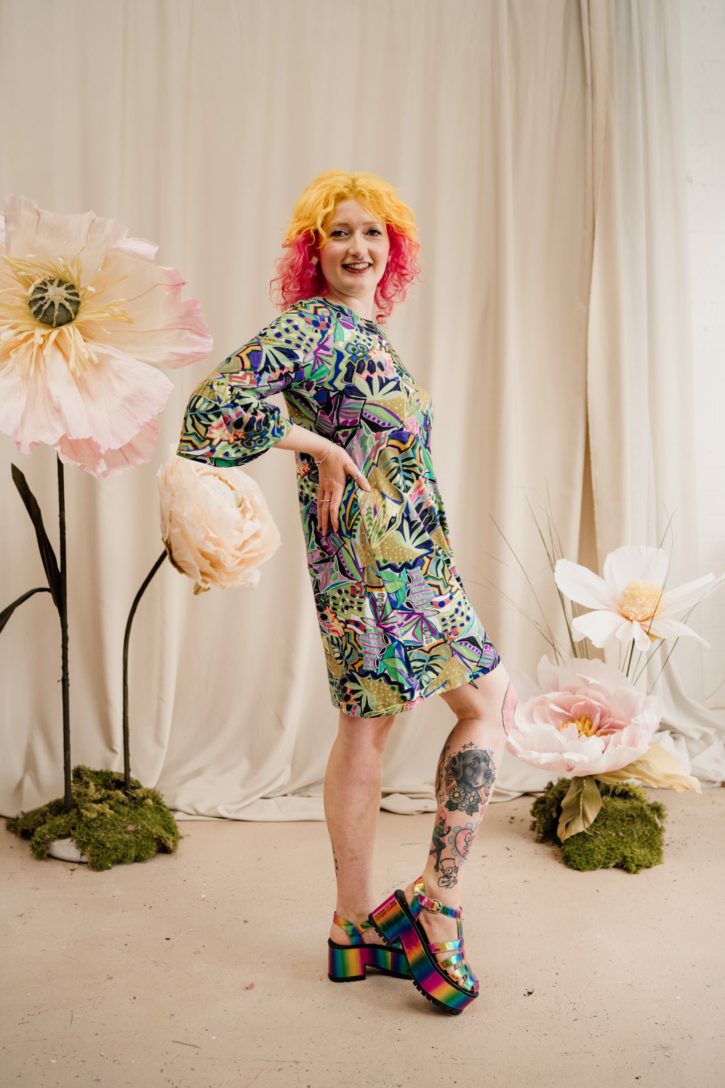 Swing Dress in Green Abstract Garden