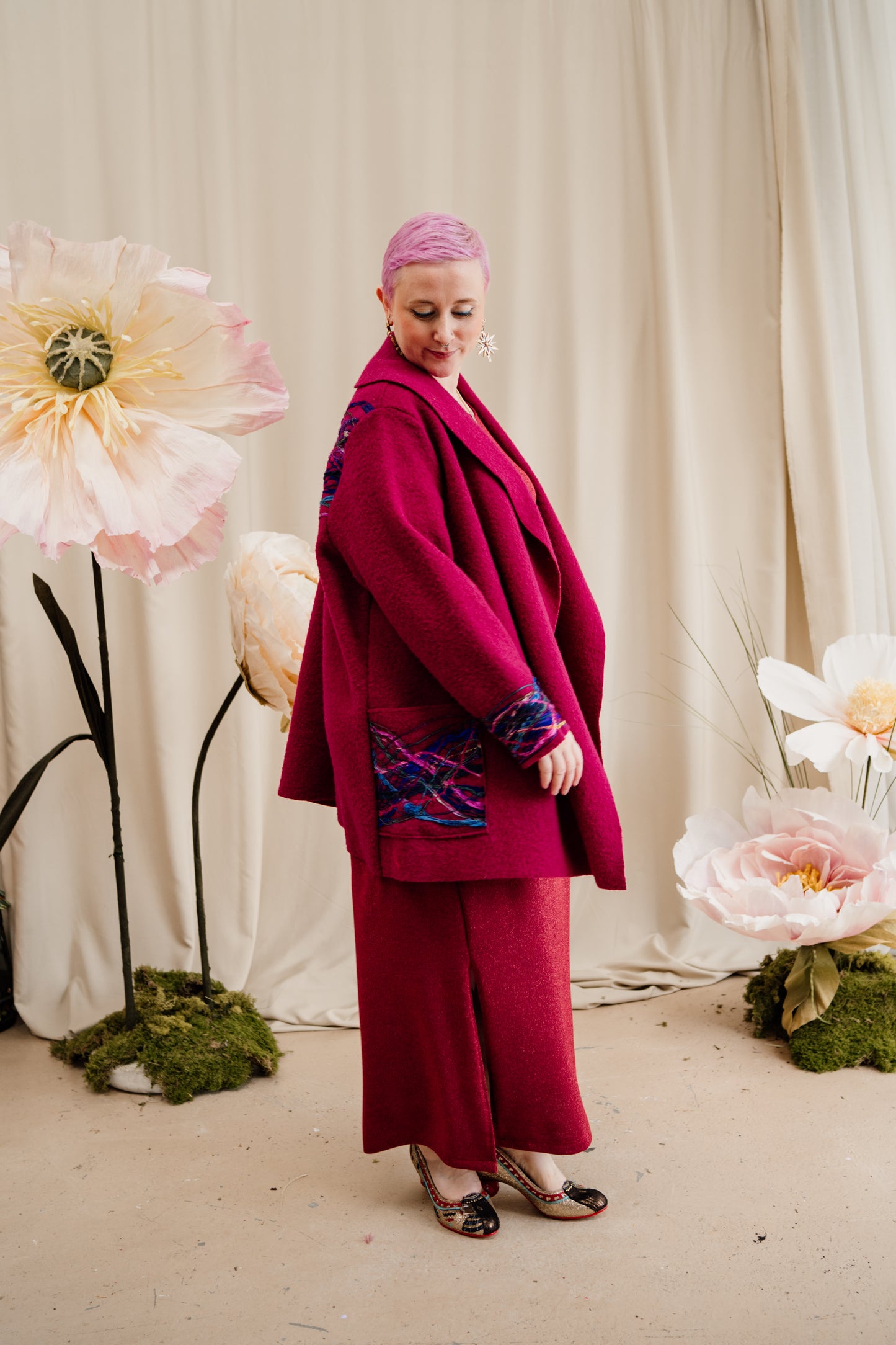 Embellished Short Wool Coat in Cherry