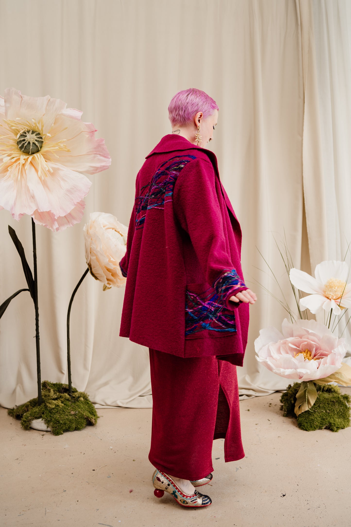 Embellished Short Wool Coat in Cherry