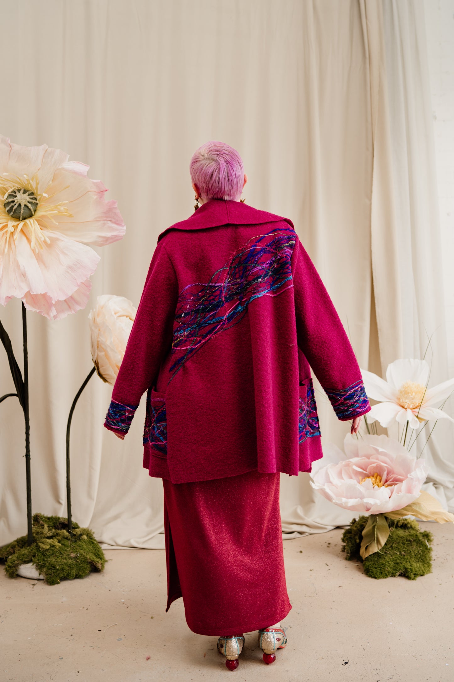 Embellished Short Wool Coat in Cherry