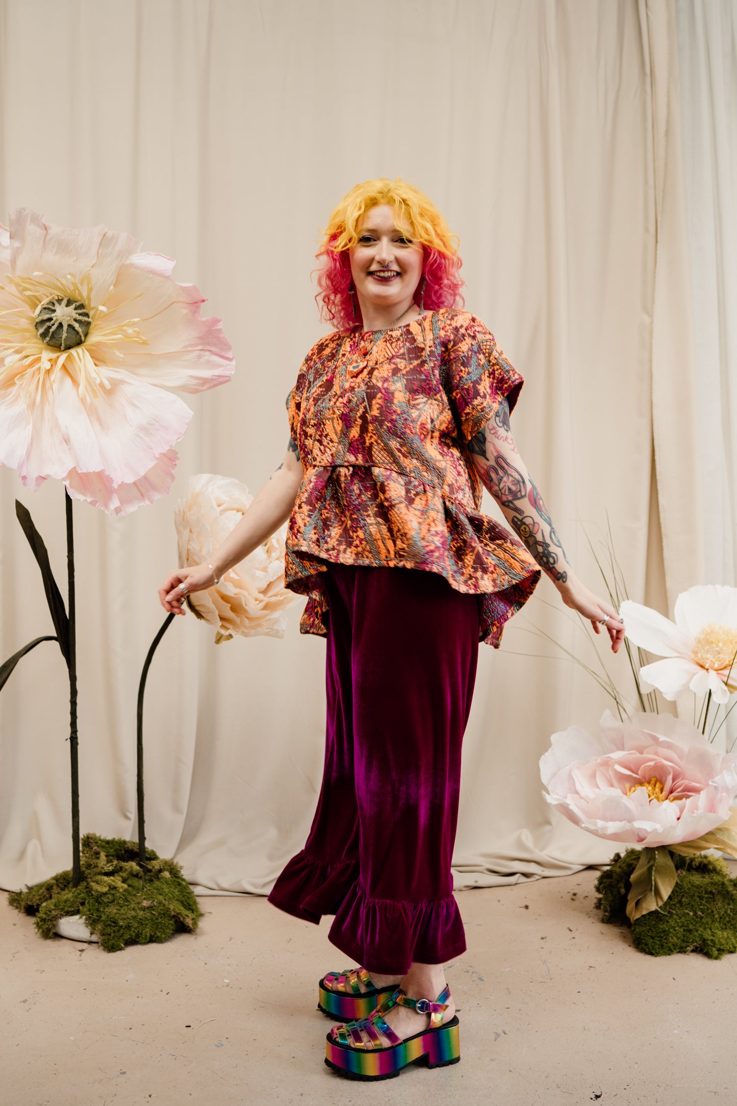 Velvet Ruffle Culottes in Cerise