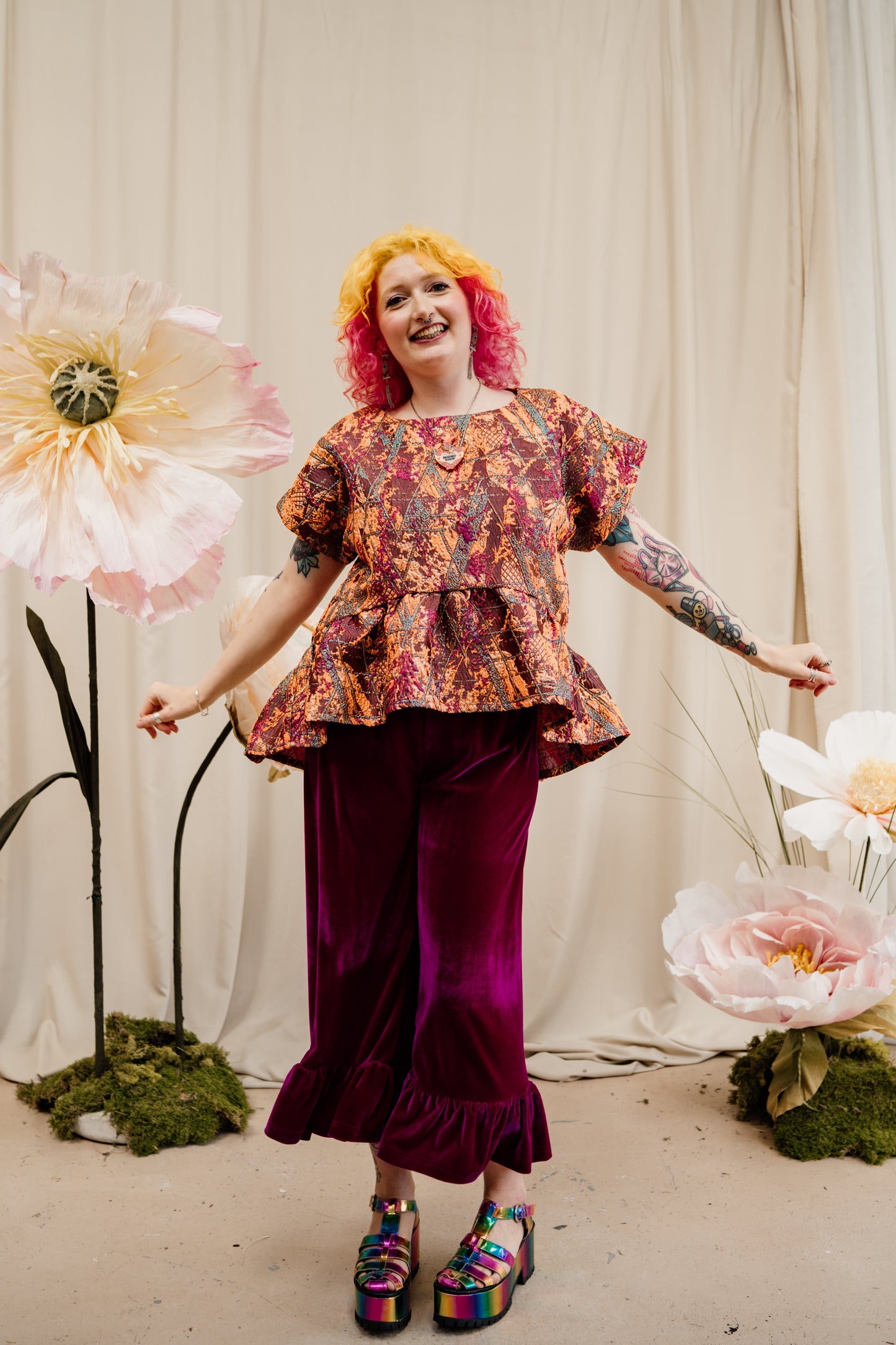Velvet Ruffle Culottes in Cerise