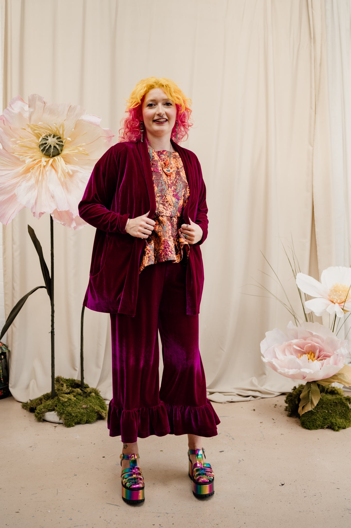 Velvet Ruffle Culottes in Cerise