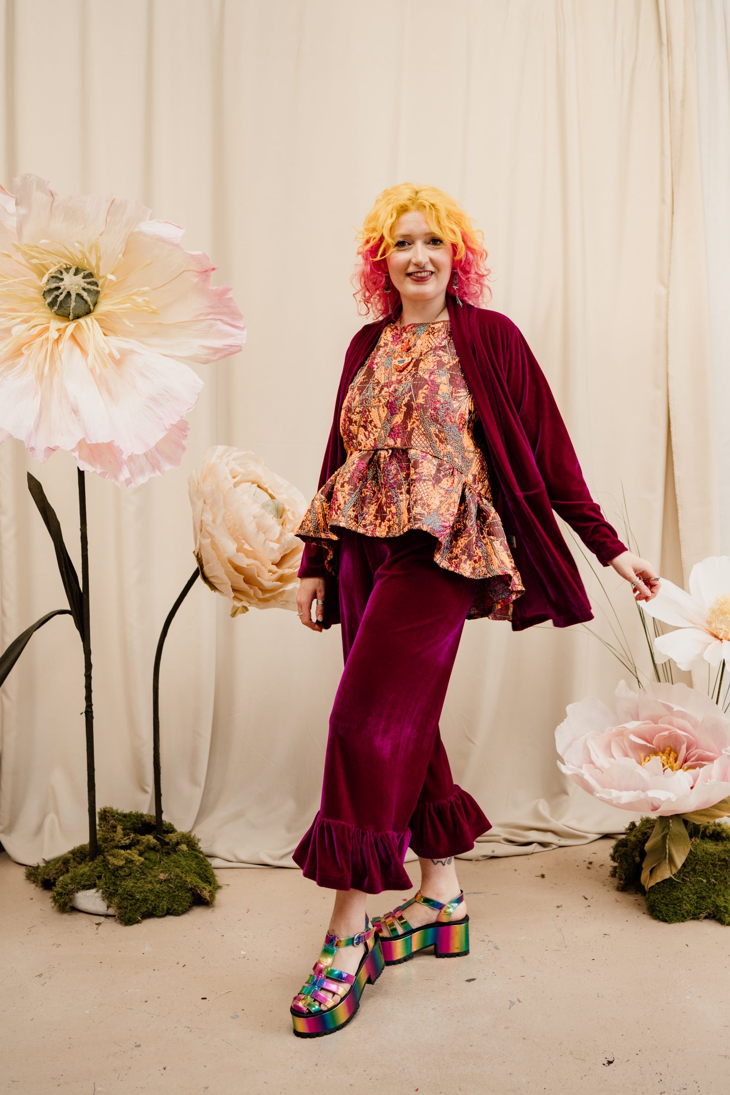 Velvet Ruffle Culottes in Cerise