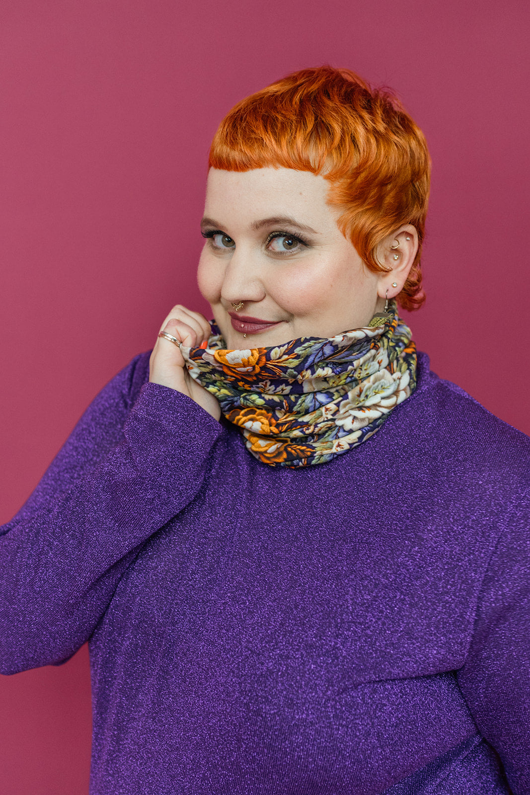Jersey Snood in Purple Floral Embroidery
