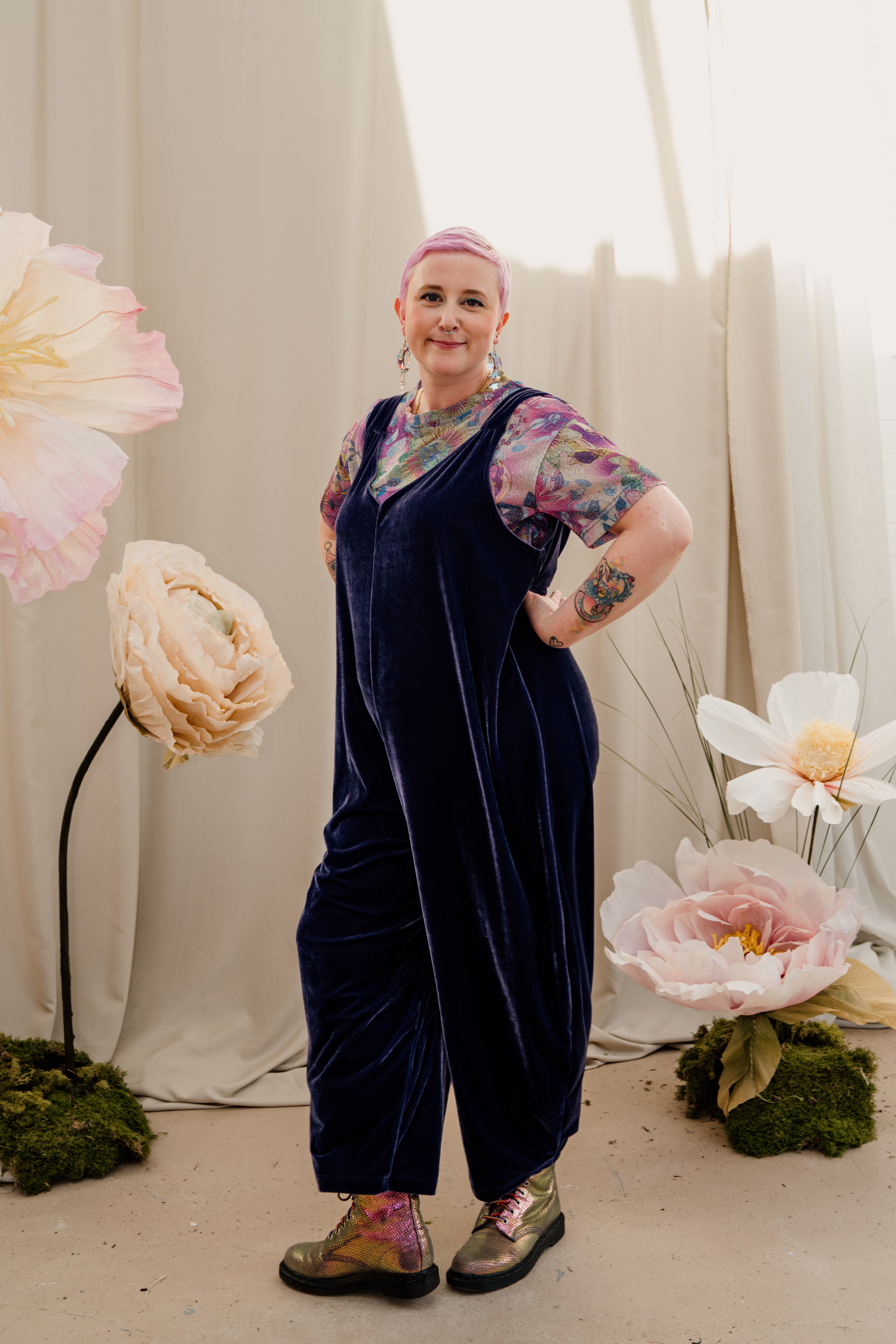 Velvet Dungaree Jumpsuit in Lavender Grey + 1 Colour - Megan Crook