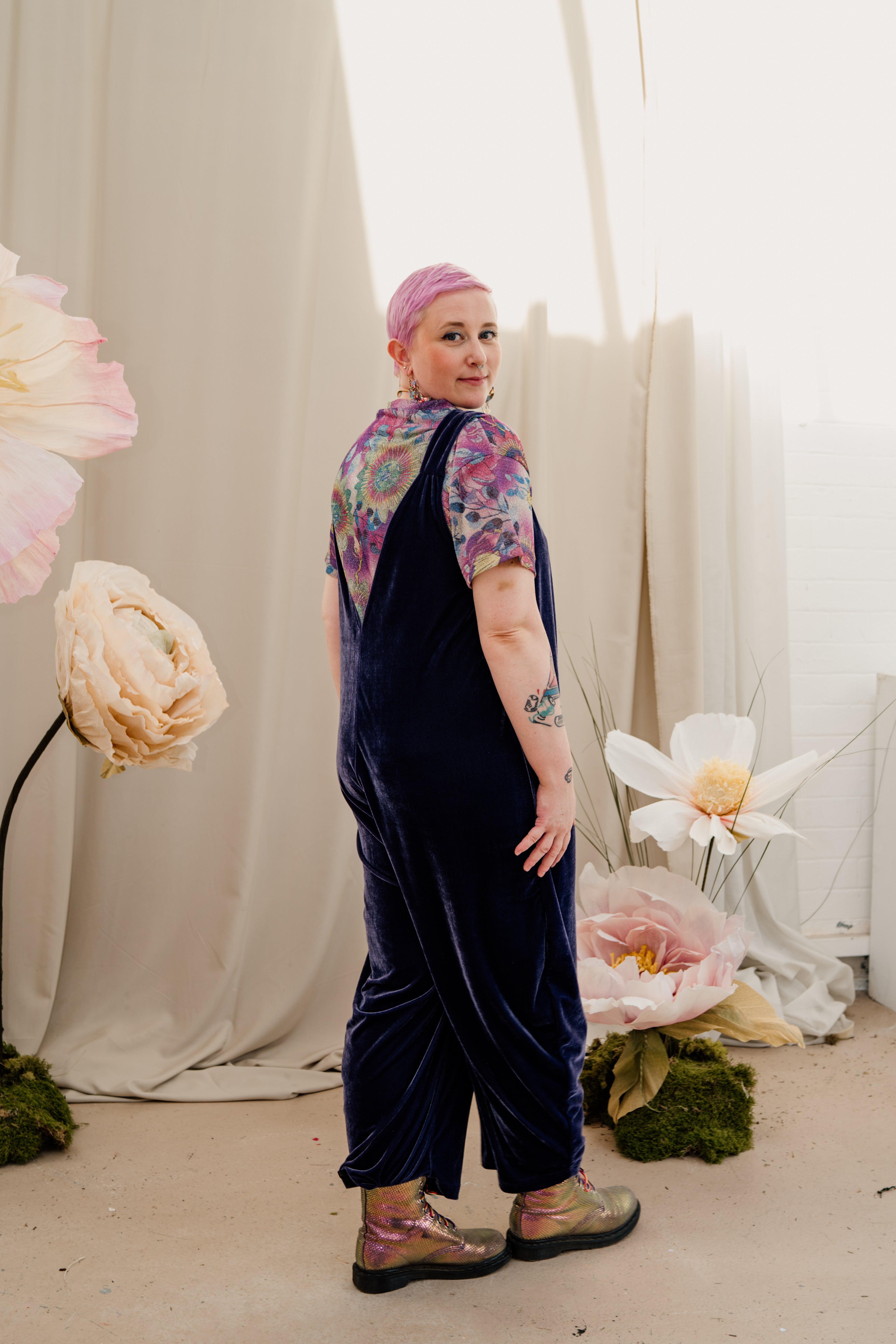 Velvet Dungaree Jumpsuit in Lavender Grey + 1 Colour - Megan Crook