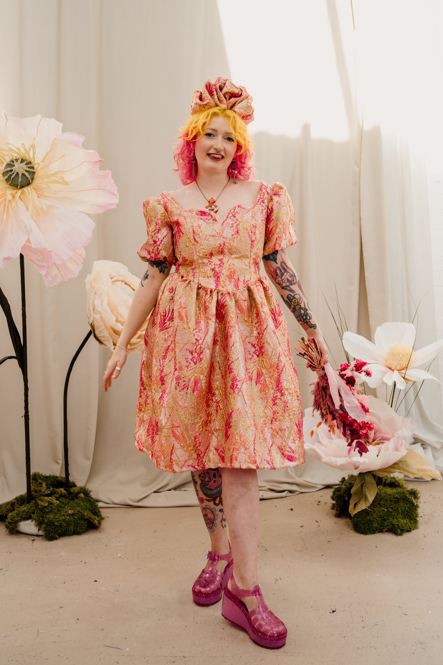 Puff Sleeve Dress in Gold & Coral