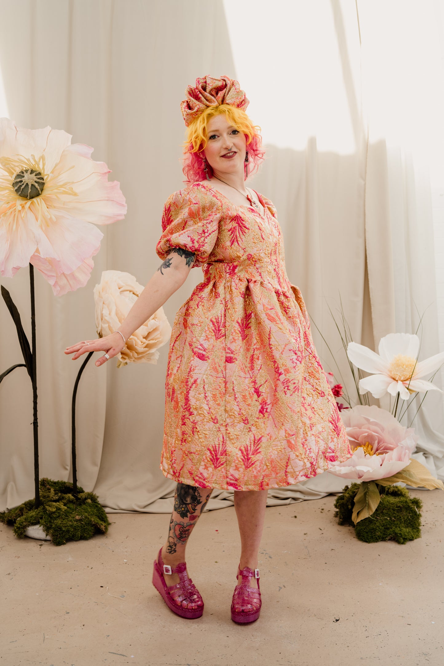 Puff Sleeve Dress in Gold & Coral