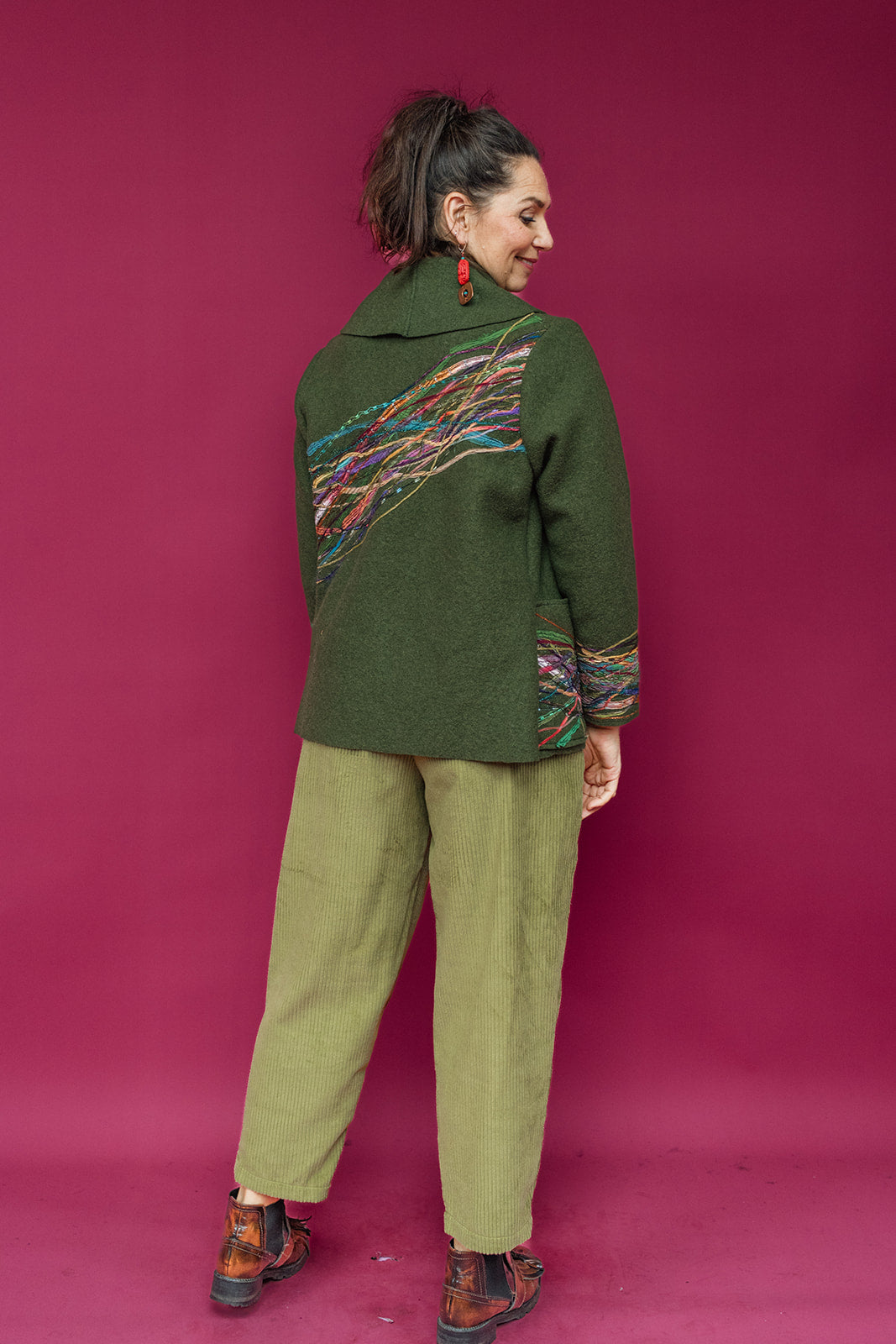 Embellished Cropped Wool Coat in Forest Green