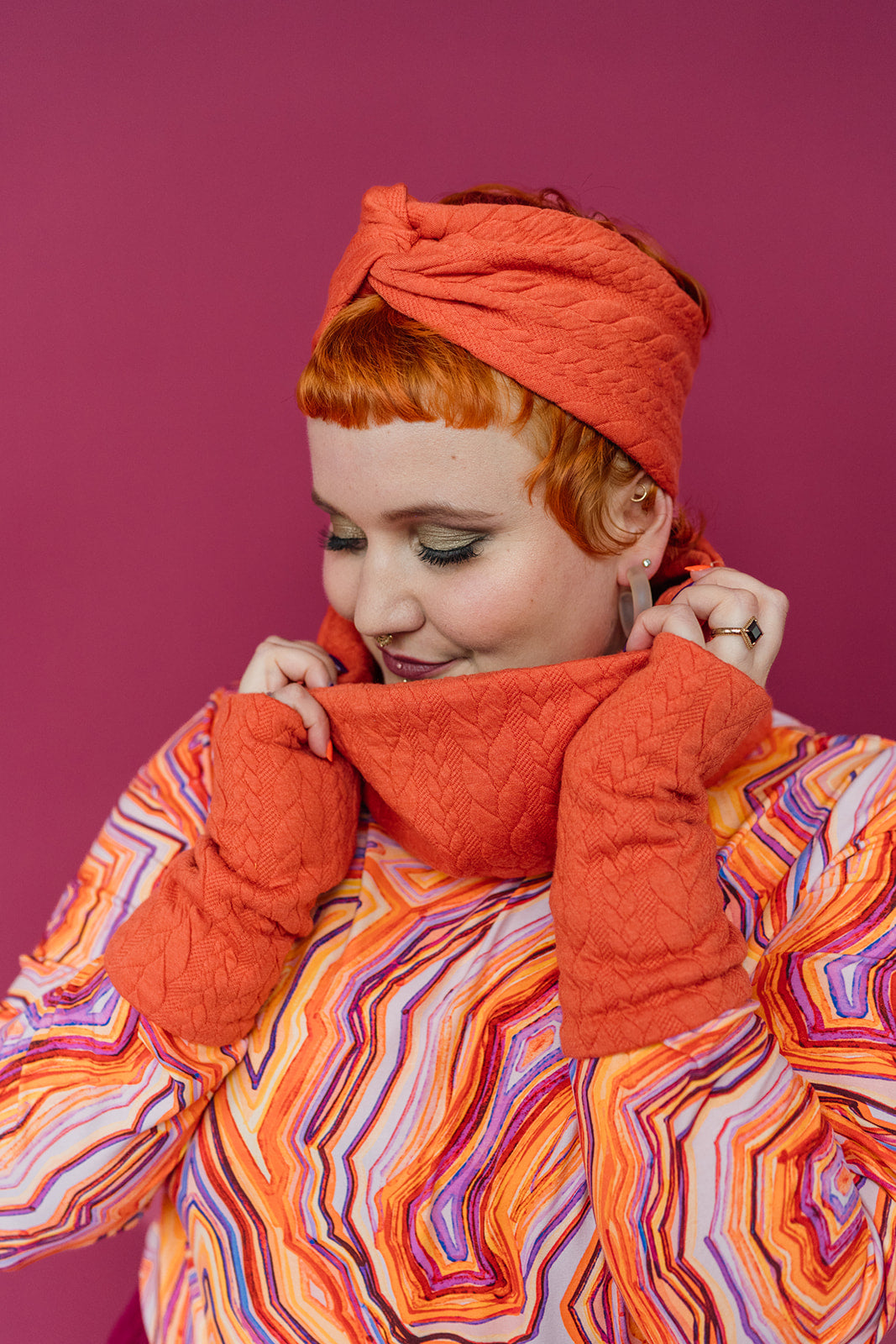 Cable Knit Jersey Headband in Orange