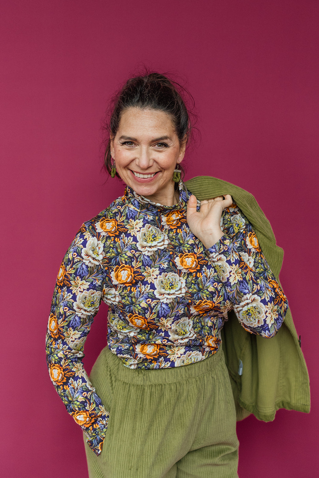Long Sleeved Mock Turtleneck in Purple Embroidered Floral