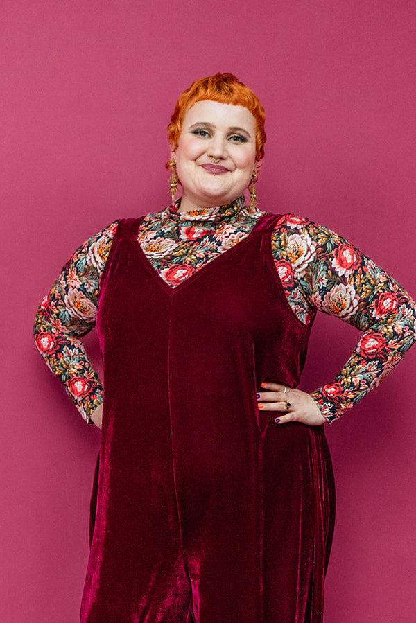 Long Sleeved Mock Turtleneck in Red Embroidered Floral - Megan Crook