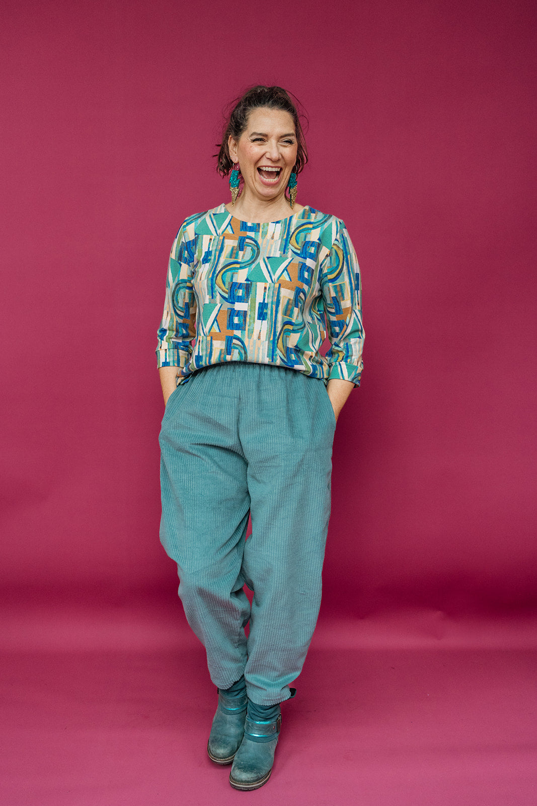 3/4 Sleeve Top in Green Retro Block - Megan Crook