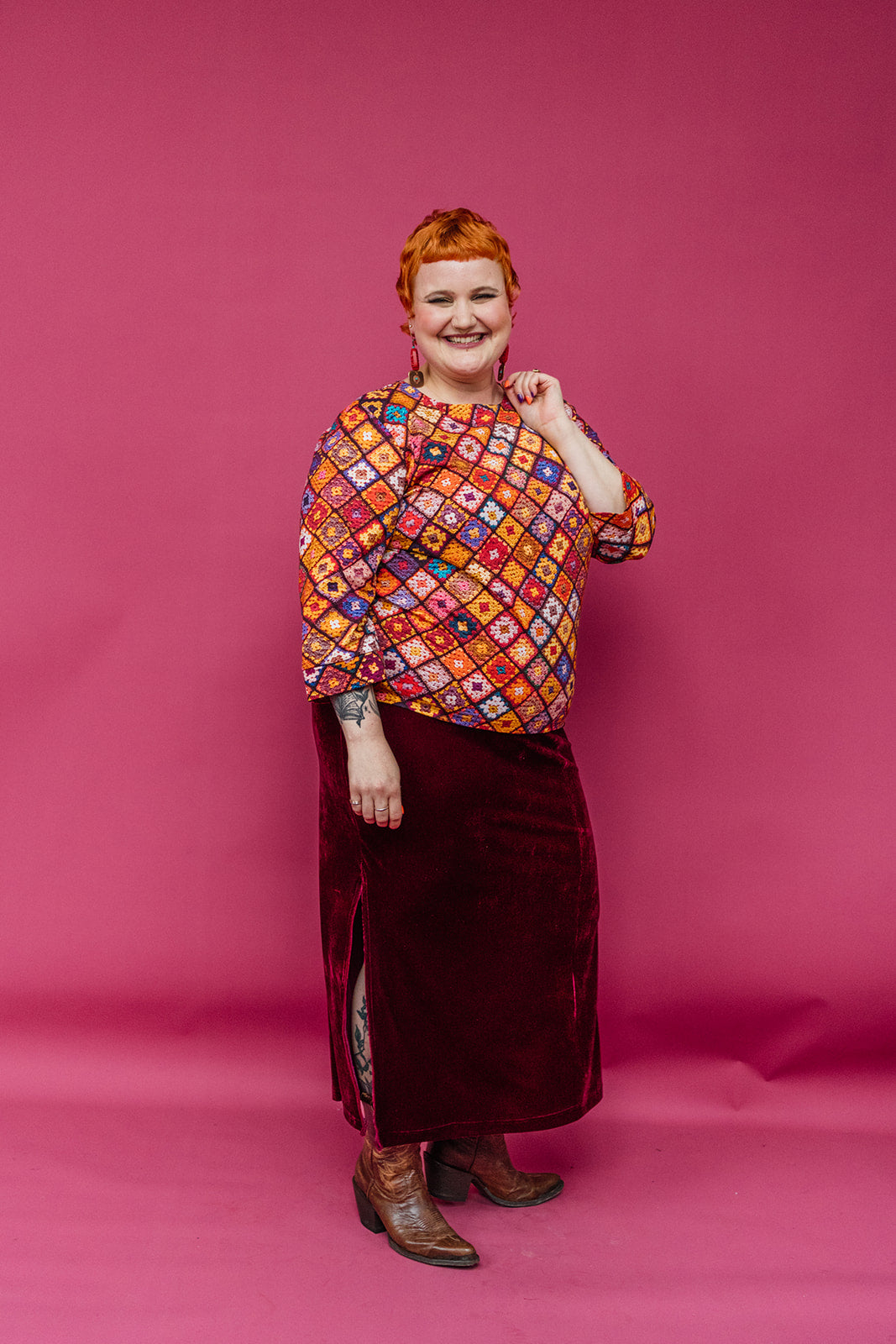 3/4 Sleeve Top in Orange Granny Square - Megan Crook