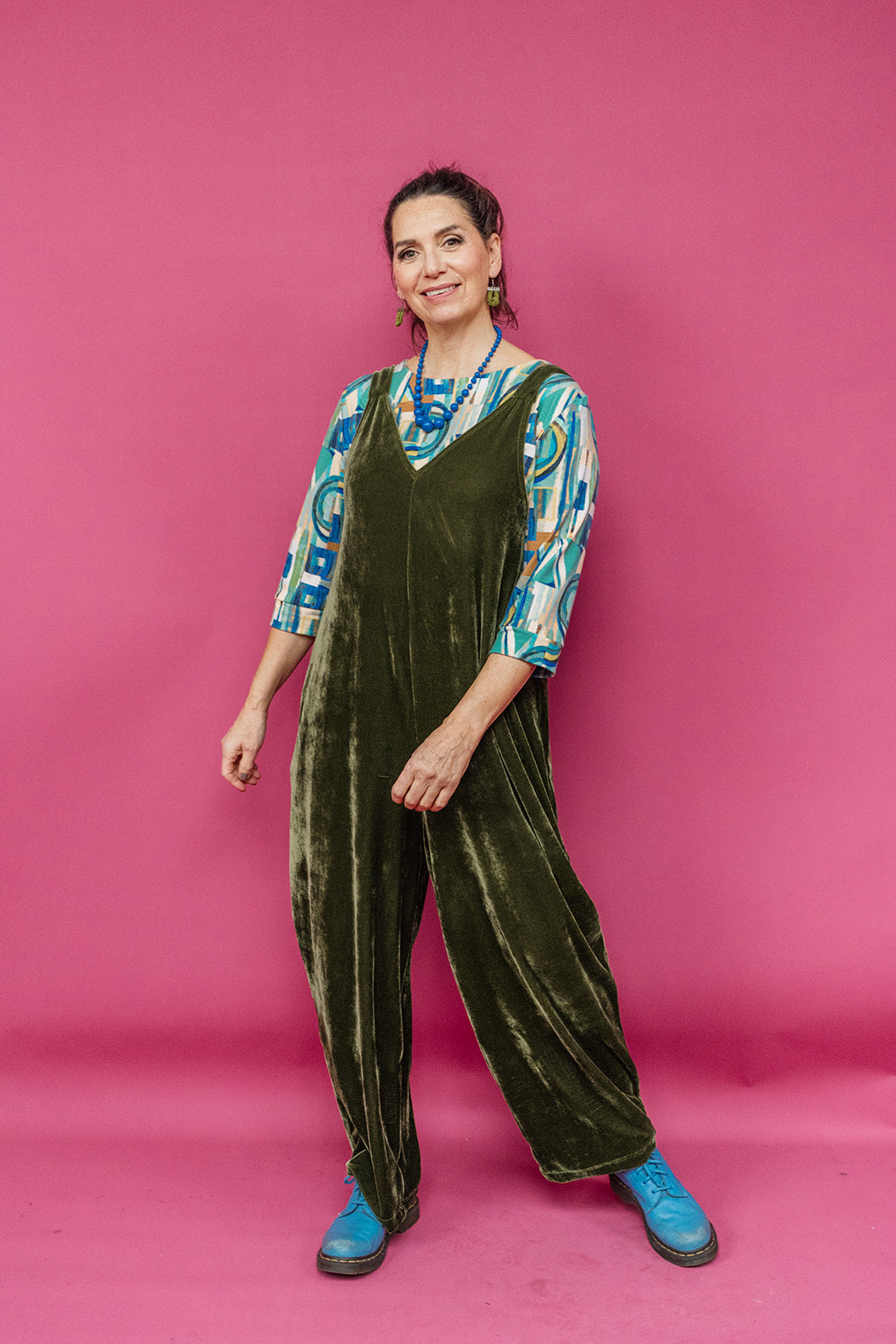 Velvet Dungaree Jumpsuit in Dark Olive - Megan Crook