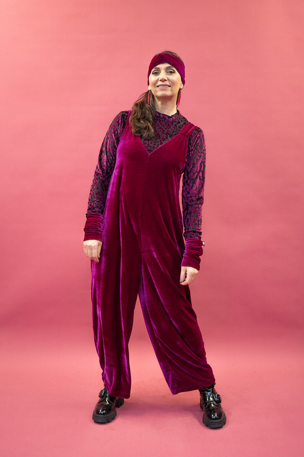Velvet Dungaree Jumpsuit in Cerise - Megan Crook