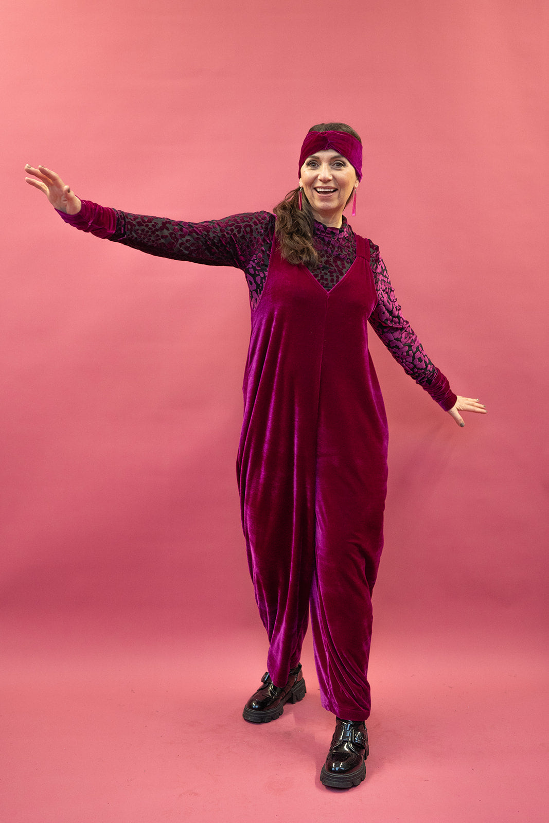 Velvet Dungaree Jumpsuit in Cerise - Megan Crook