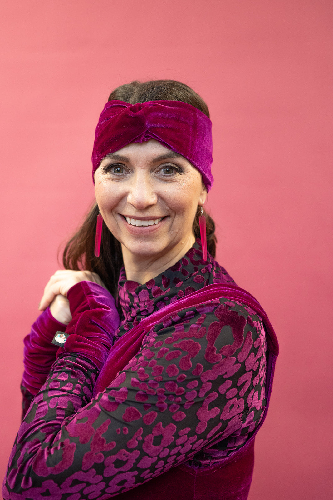 Velvet Cowl and Wrist Warmers Set in Cerise