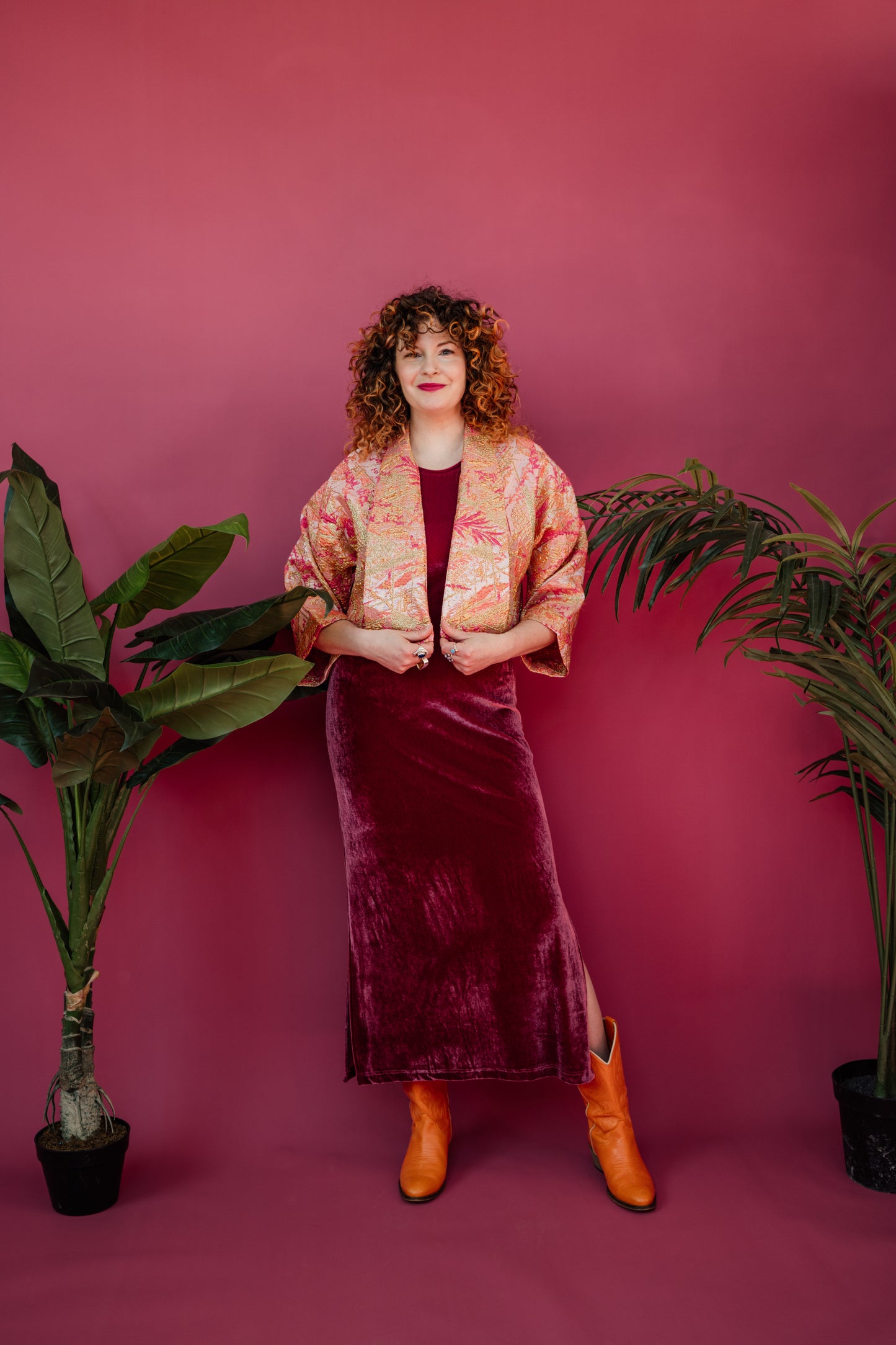 Cropped Kimono Jacket in Gold & Coral
