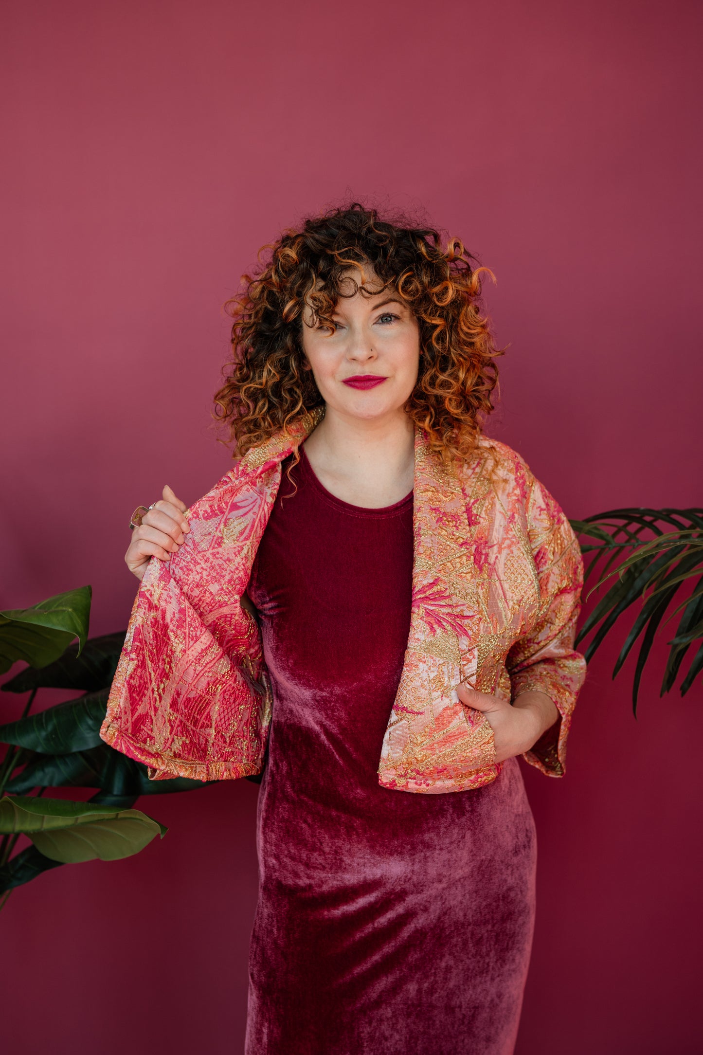 Cropped Kimono Jacket in Gold & Coral