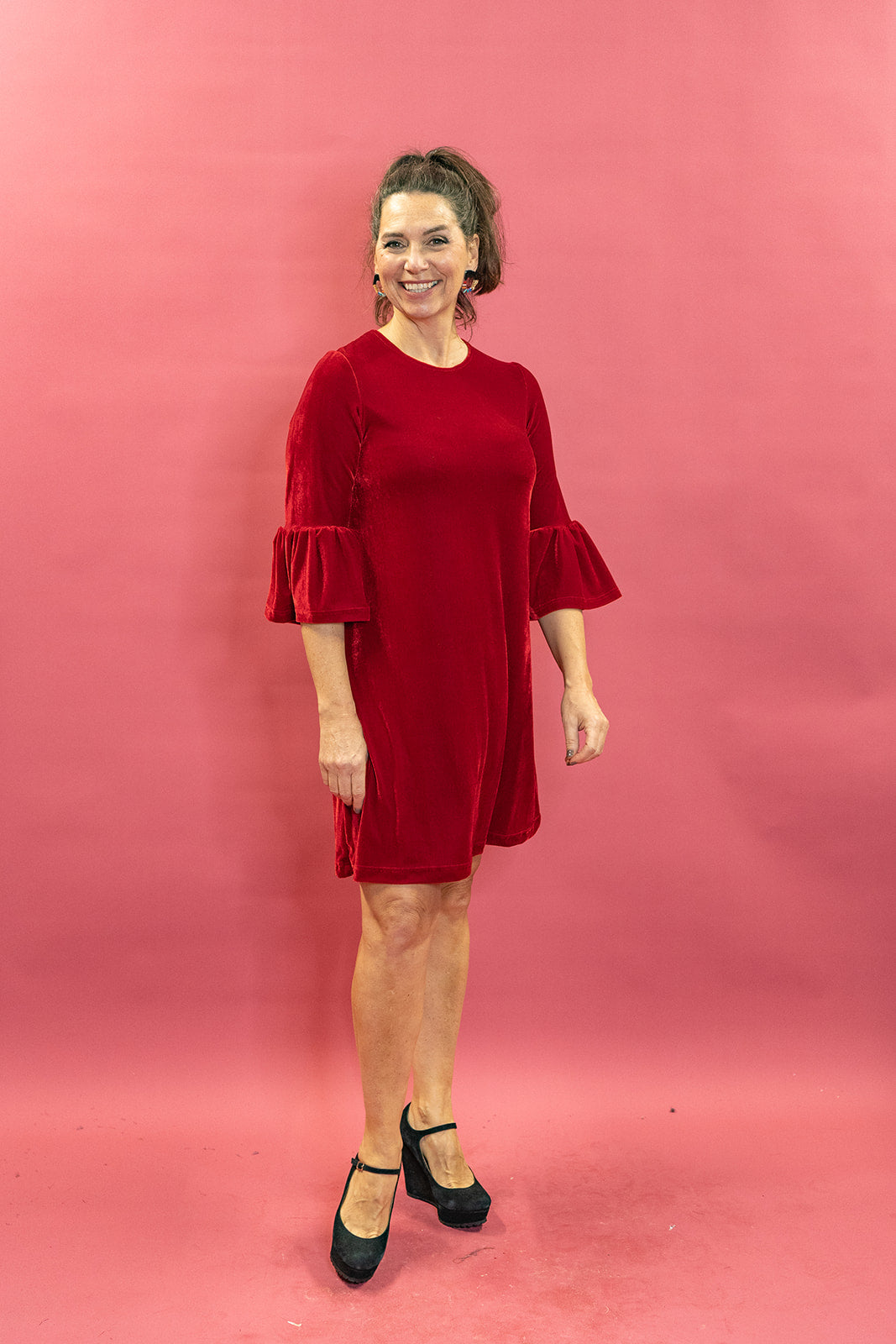 Velvet Ruffle Swing Dress in Red