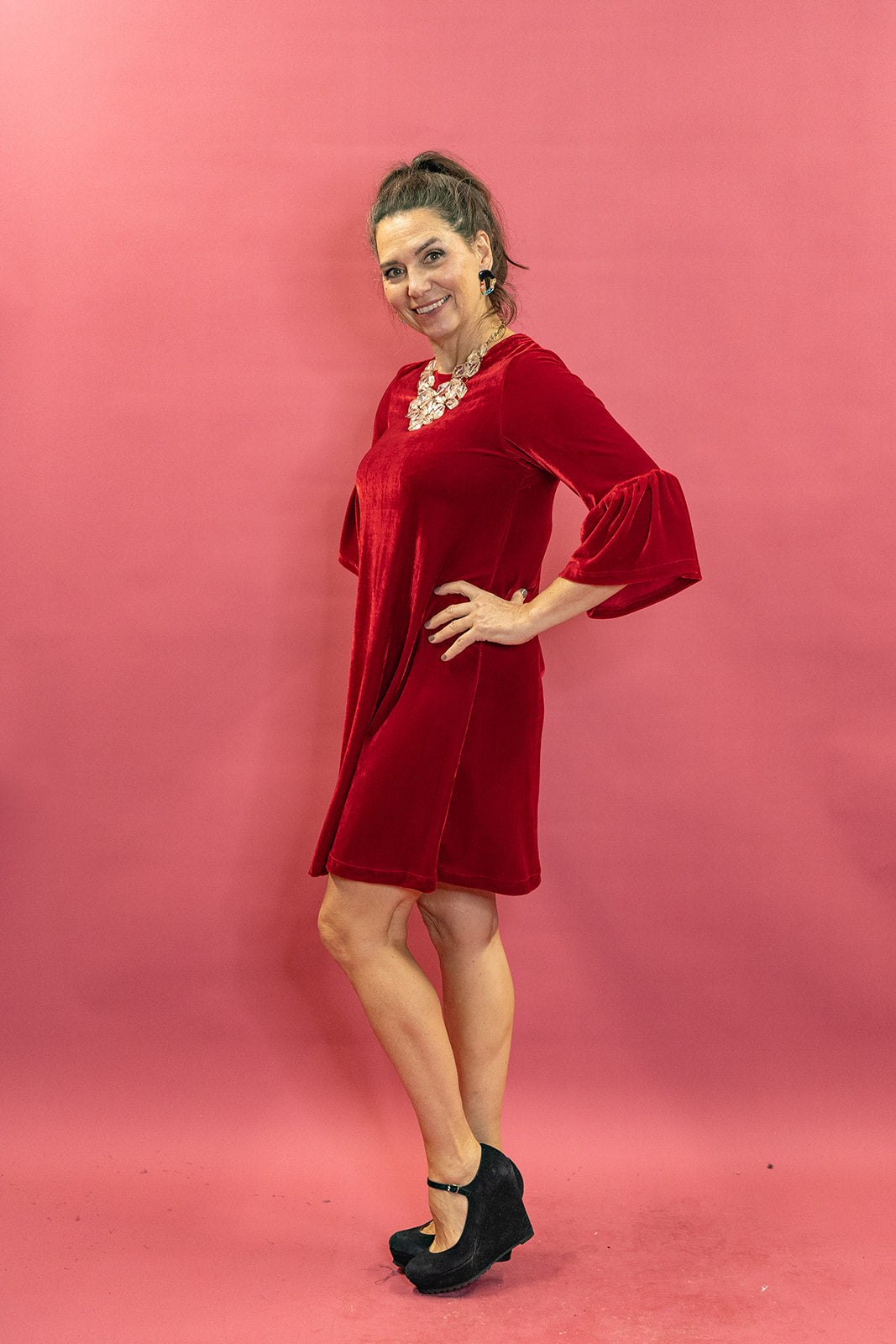 Velvet Ruffle Swing Dress in Red