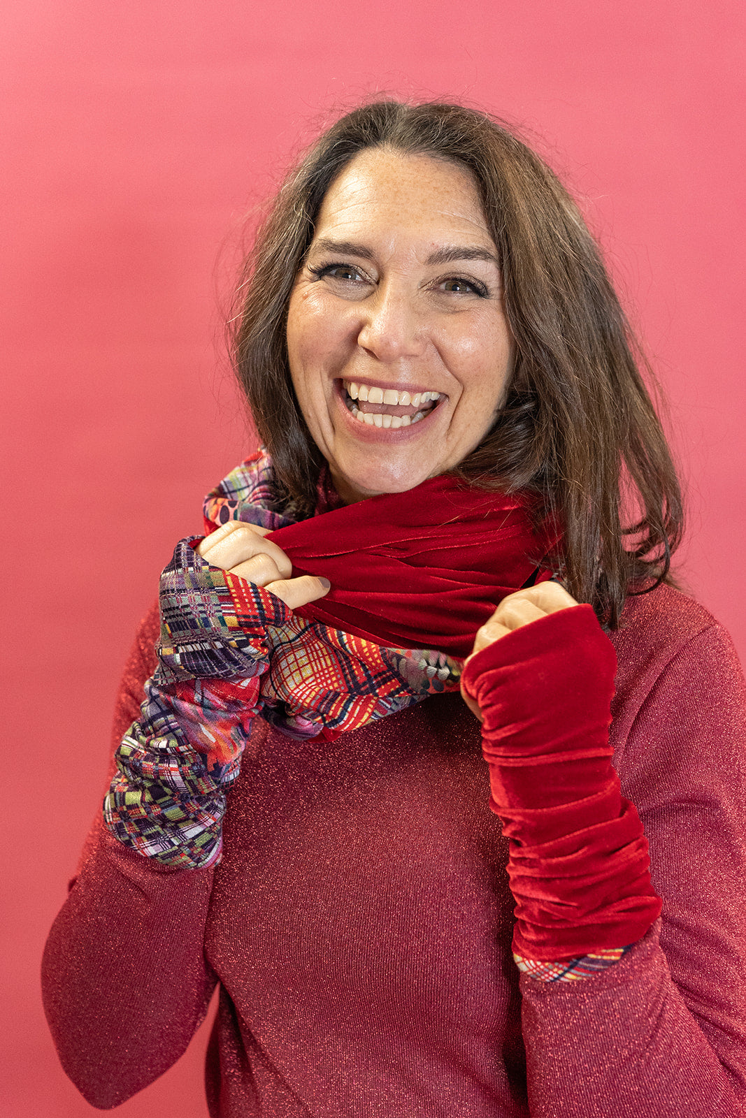 Reversible Hand Warmers in Red Patchwork Plaid
