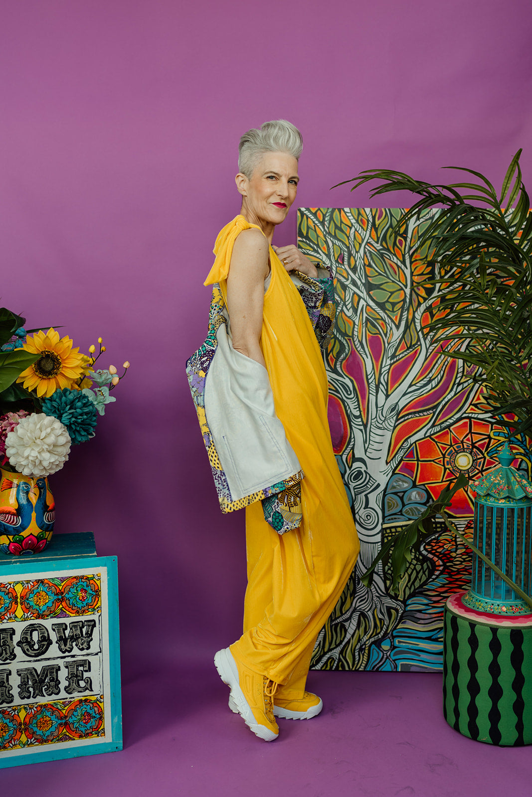 Cropped Liberty Denim Chore Jacket in Leaves Print with Yellow Velvet Dungaree Jumpsuit