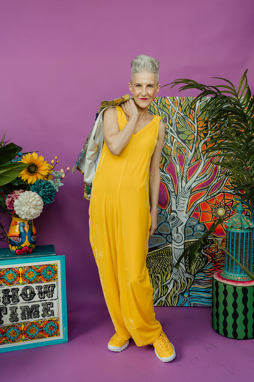 Cropped Liberty Denim Chore Jacket in Leaves Print and Yellow Velvet Dungaree Jumpsuit