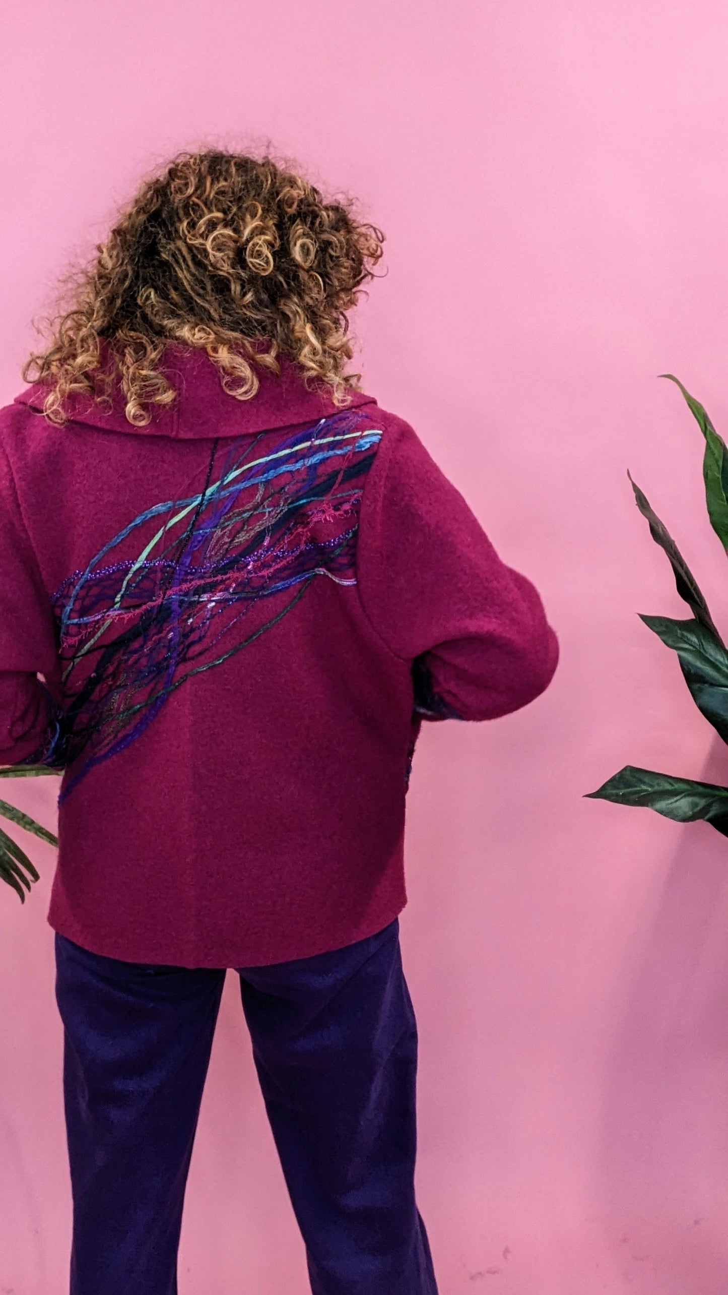 Embellished Cropped Wool Coat in Cherry