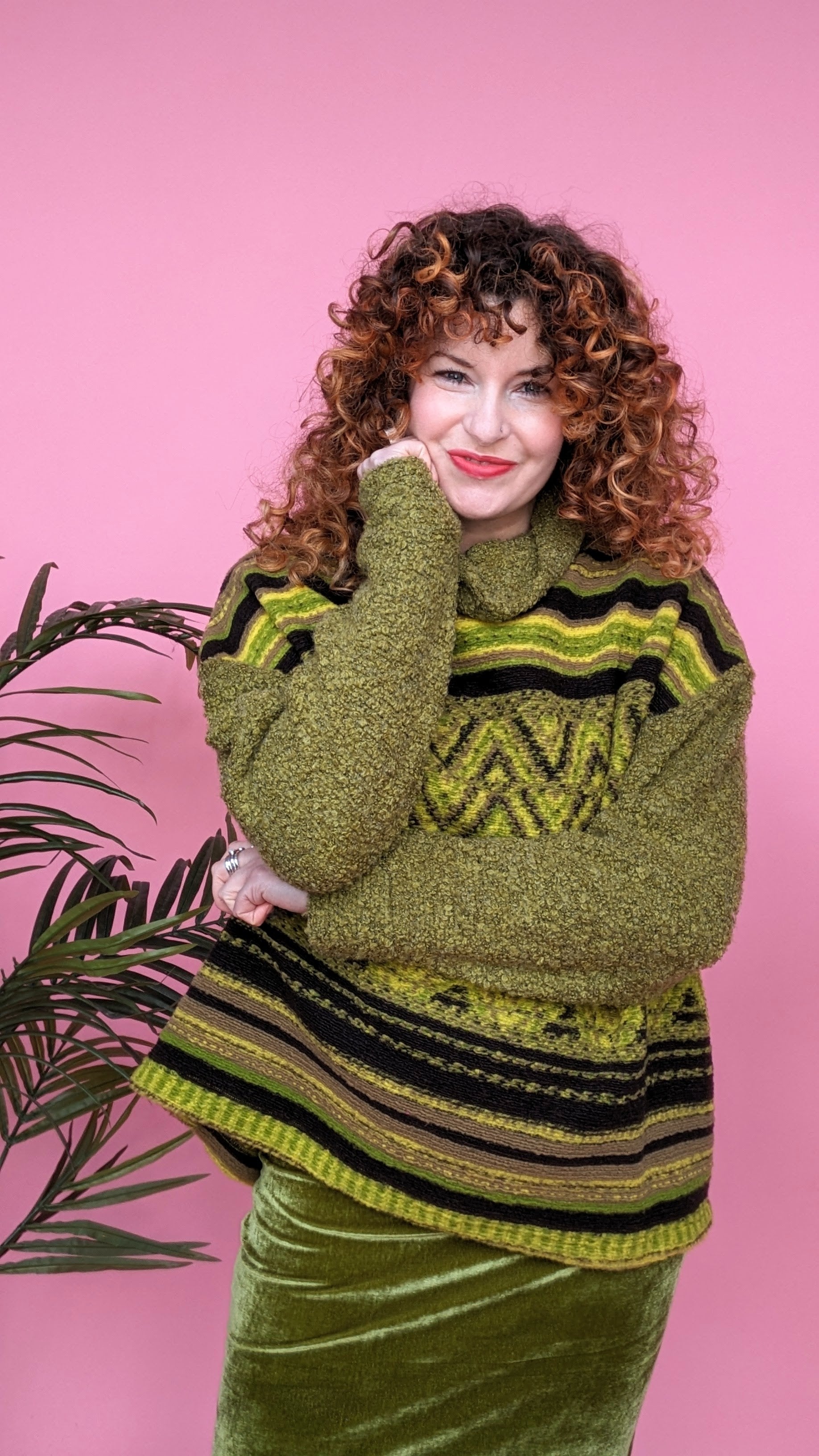 Knitted Pattern Mix Jumper in Olive Green - Megan Crook