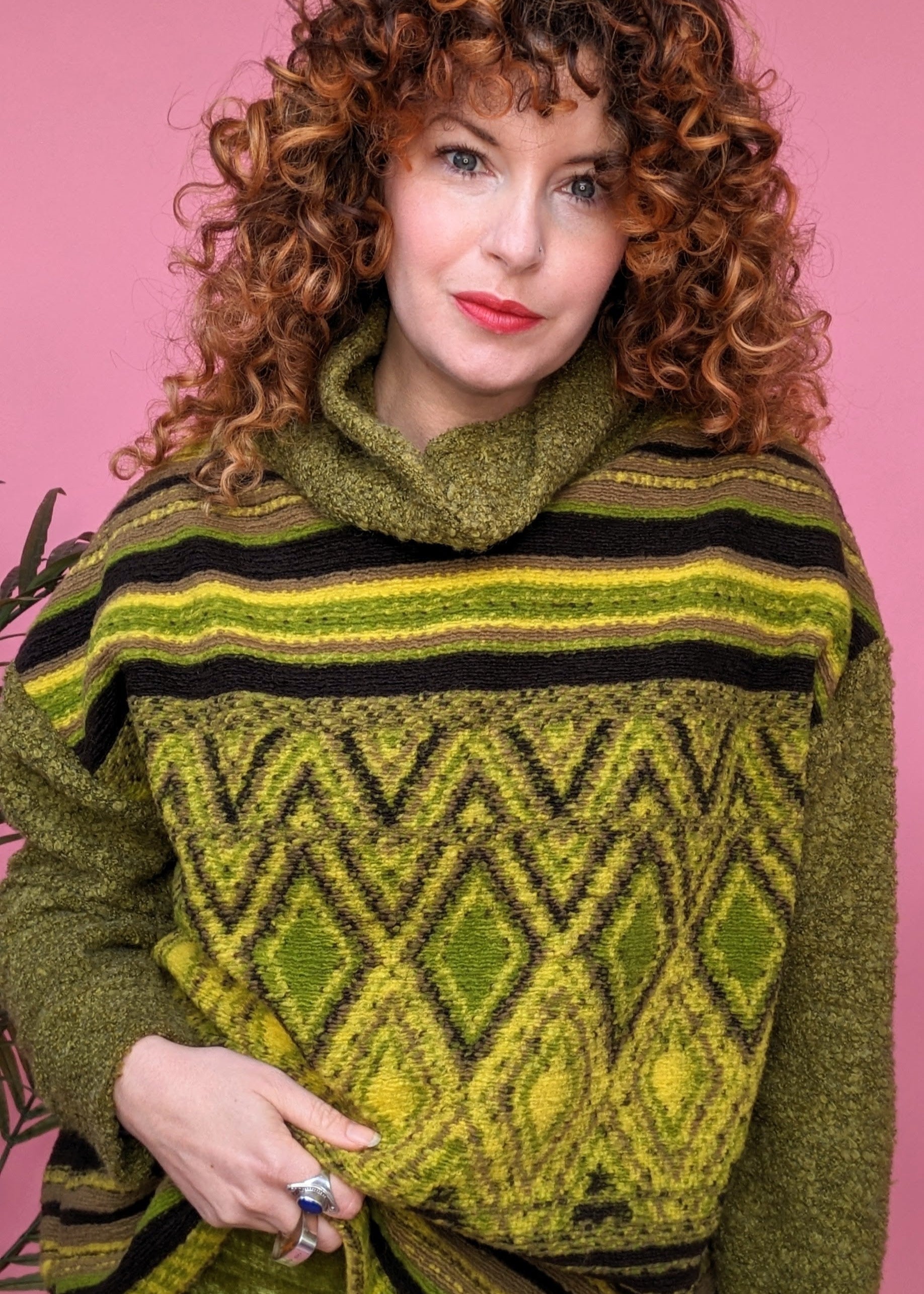 Knitted Pattern Mix Jumper in Olive Green - Megan Crook