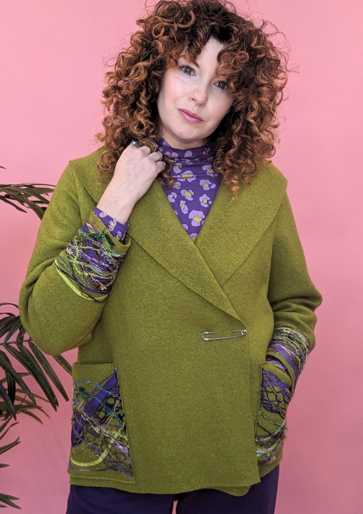 Embellished Cropped Wool Coat in Olive Green