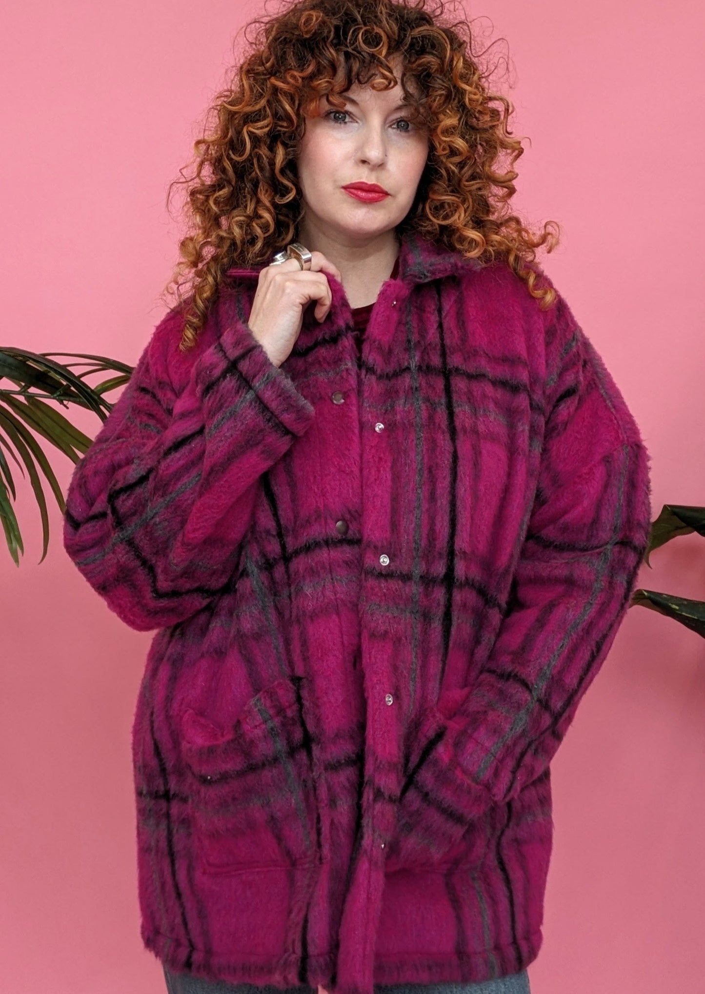 * Brushed Wool Long Jacket in Berry Plaid