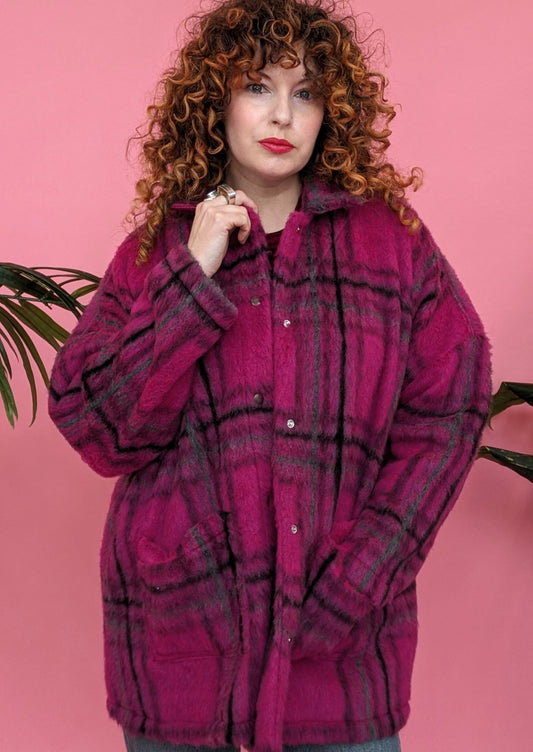 * Brushed Wool Long Jacket in Berry Plaid
