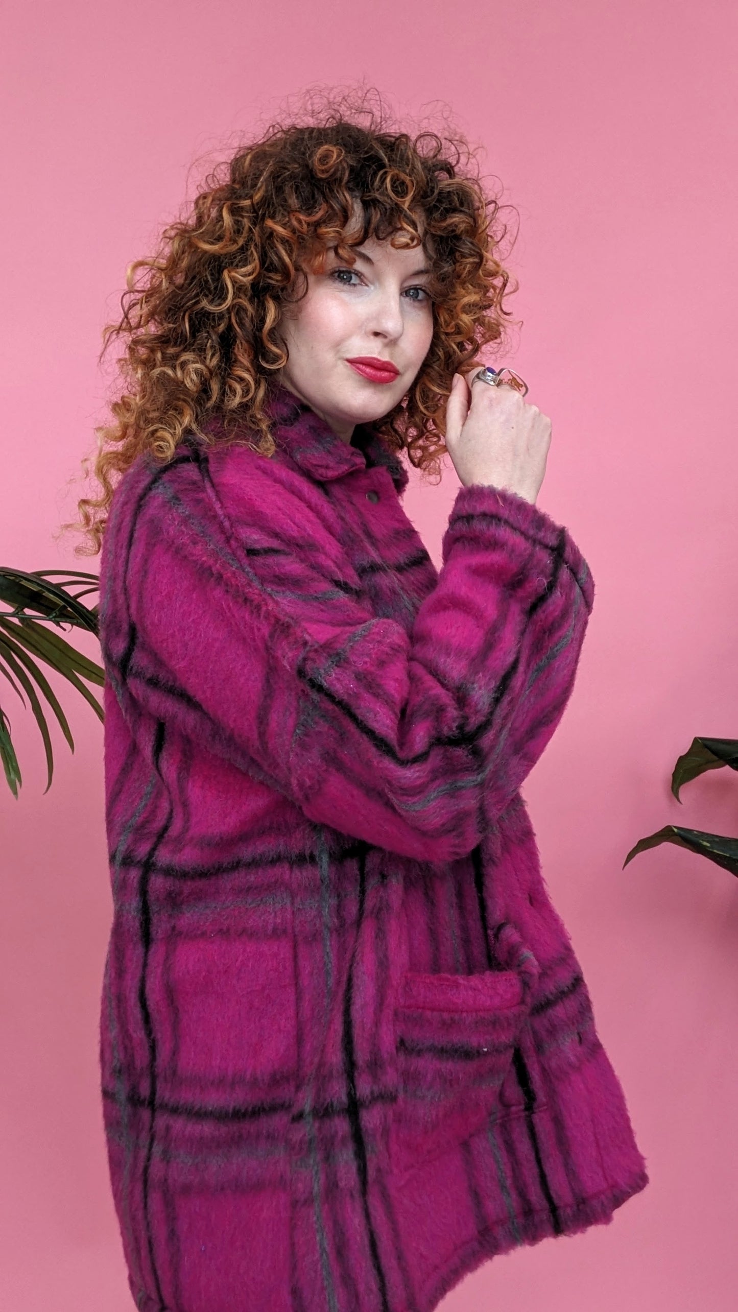 * Brushed Wool Long Jacket in Berry Plaid