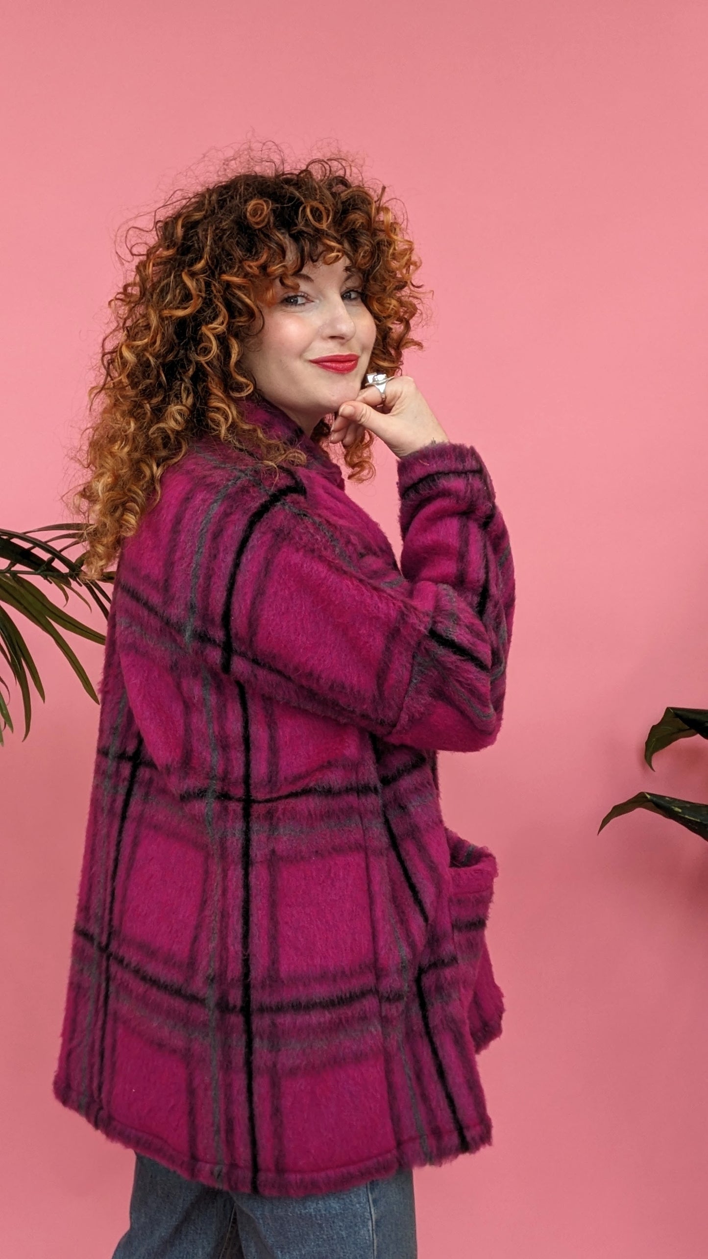 * Brushed Wool Long Jacket in Berry Plaid