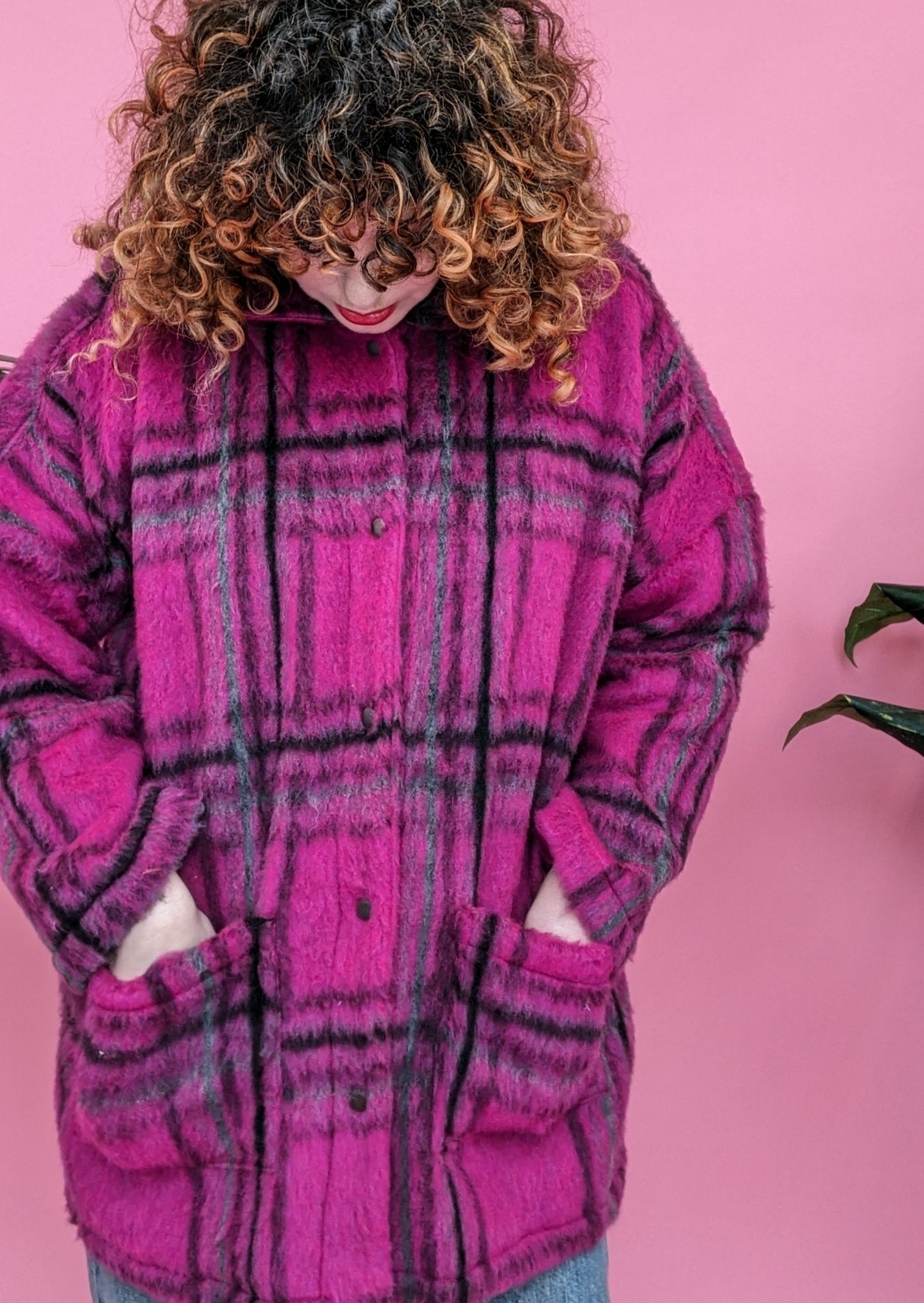 * Brushed Wool Long Jacket in Berry Plaid