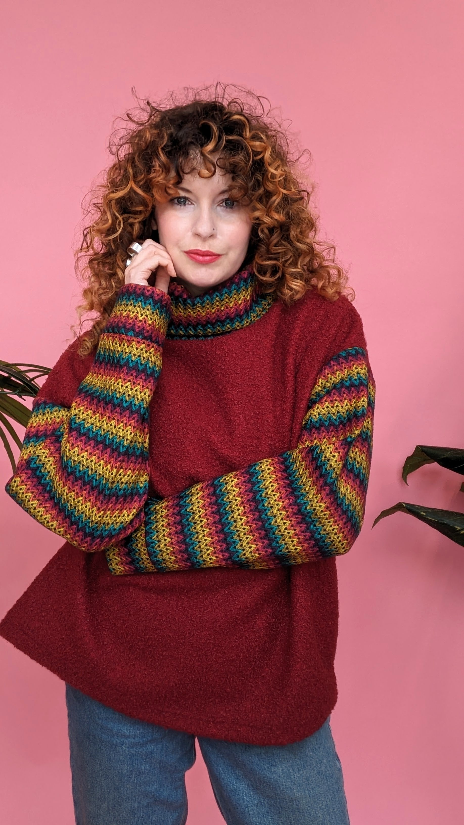 Boucle Turtleneck Jumper in Burgundy with Rainbow Sleeves - Megan Crook