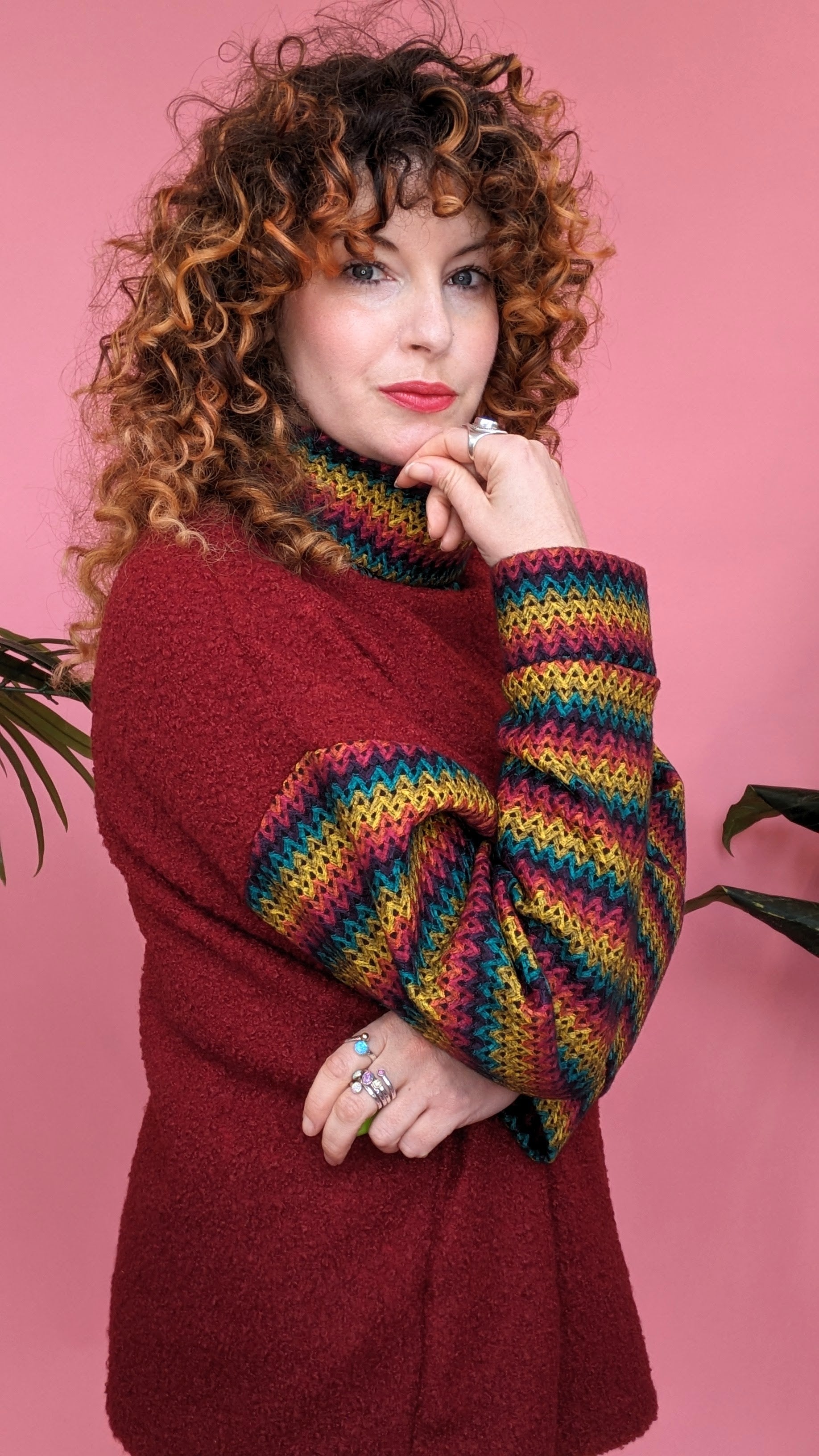 Boucle Turtleneck Jumper in Burgundy with Rainbow Sleeves - Megan Crook