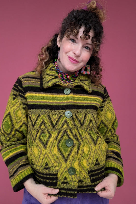 Knitted Box Jacket in Olive Diamond